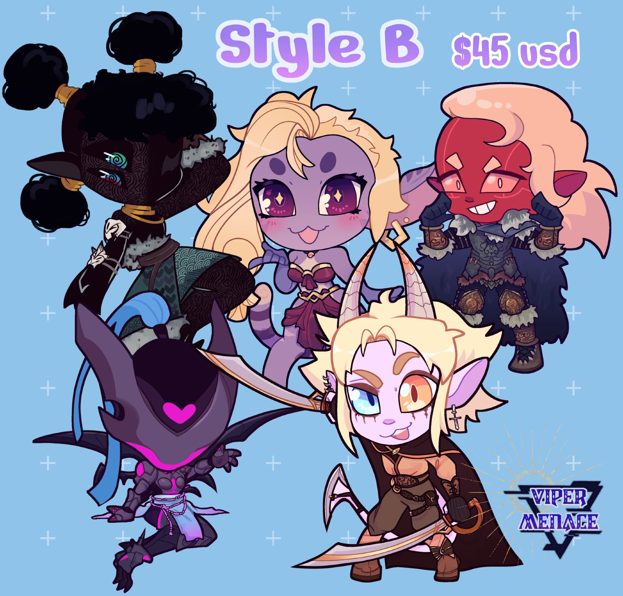 Style B are the marker chibis! Bigger heads and less details 
Can do group line ups and couples
(weapons are 15 usd extra)