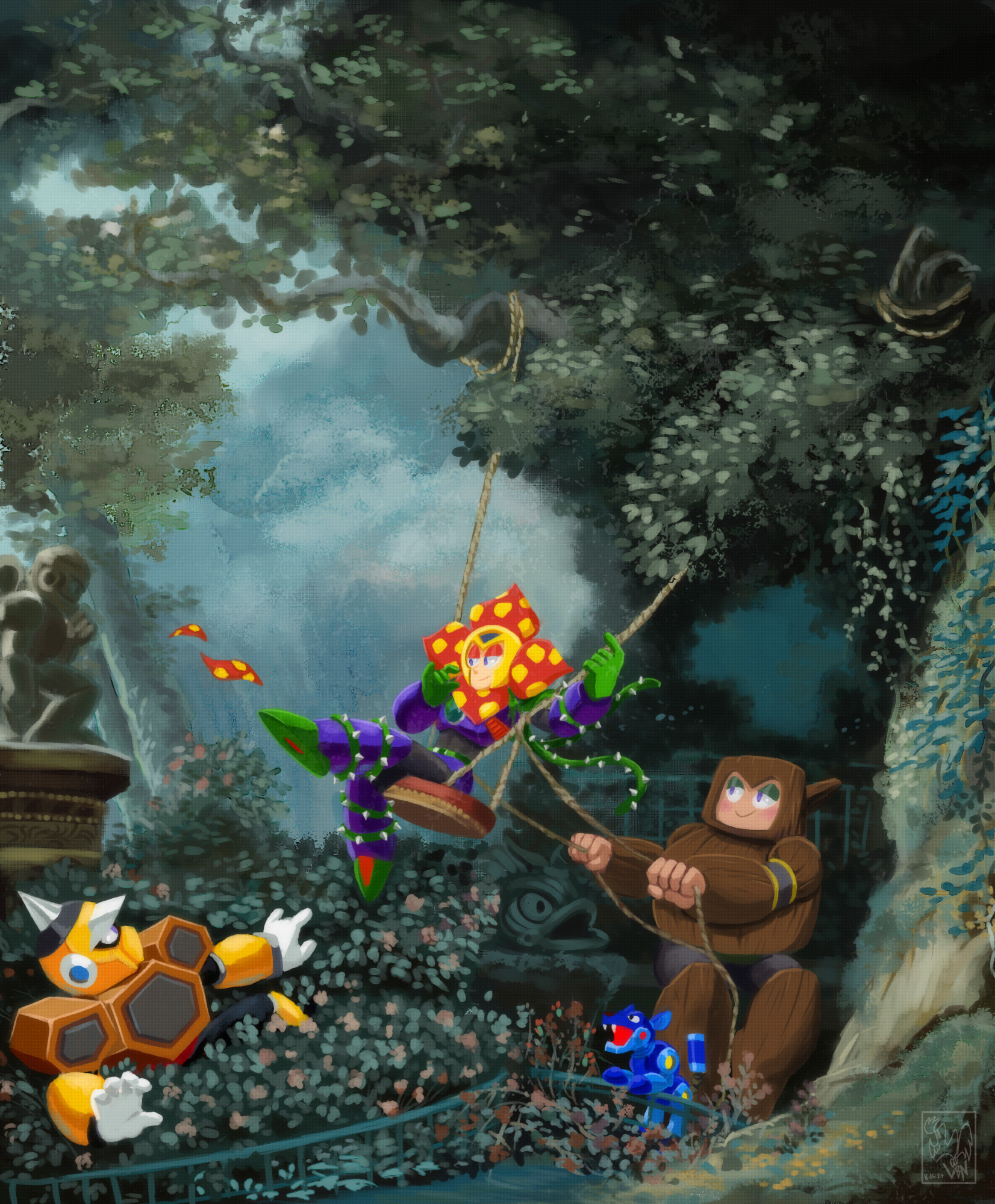 A recreation of Fragonard's "The Swing" in which the robot master Plant Man is the woman on the swing, kicking flower petals instead of a shoe, Hornet Man is in the bushes, and Wood Man is pulling the rope of the swing. The state in the corner is a cherub Guts Man, and the dog is a small Friender.