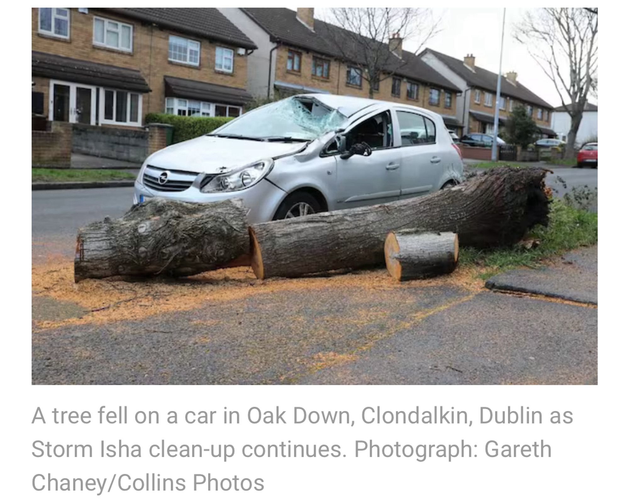 Pic of a silver car with its windscreen caved in. Large pieces of tree trunk next to it.

Caption reads: A tree fell on a car in Oak Down, Clondalkin, Dublin as Storm Issa clean up continues