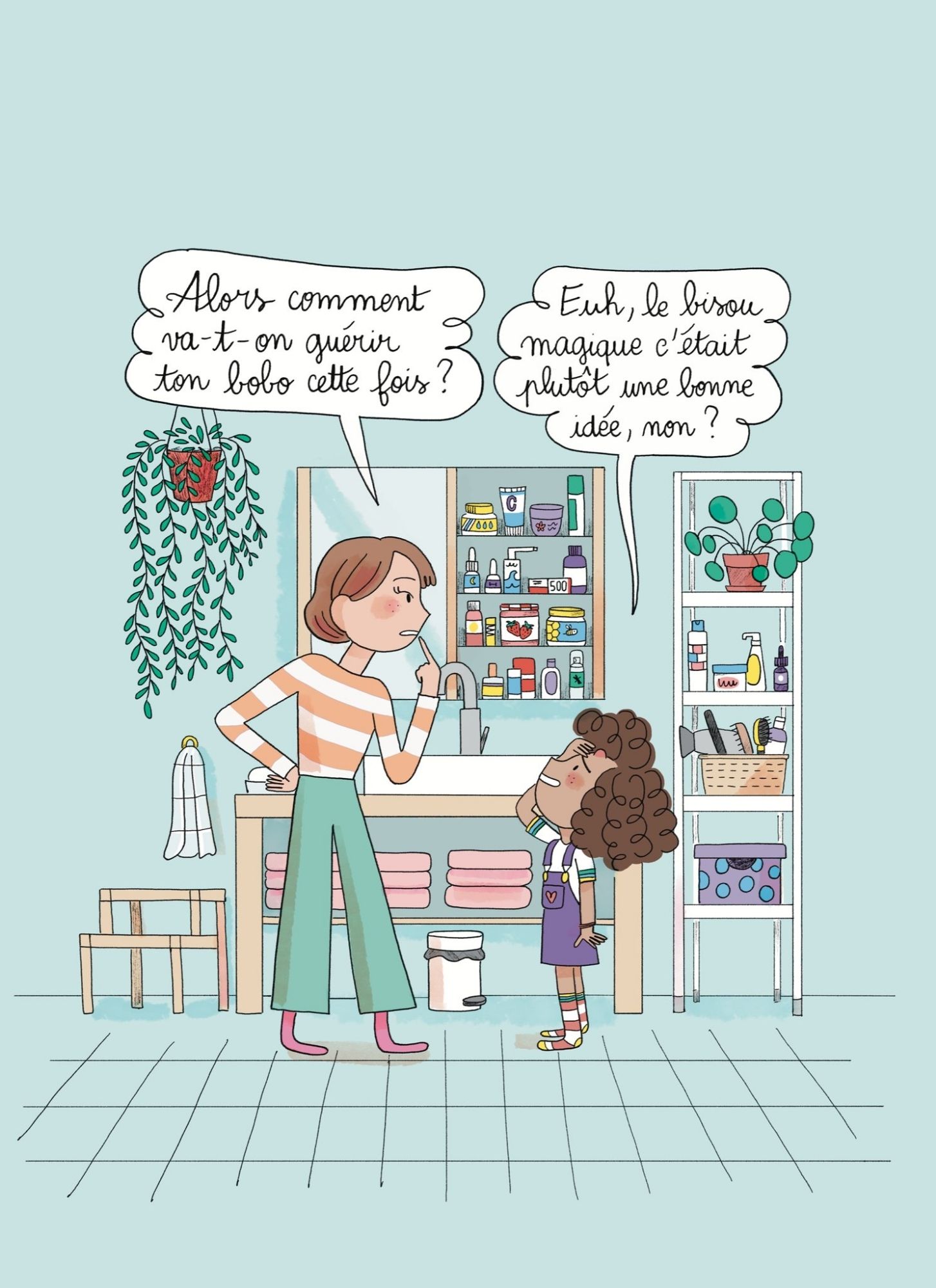 Une maman s'interroge face à sa petite fille avec une bosse sur le front sur ce qu'elle peut bien lui donner pour la guérir... Et la petite fille se demande si le bisou magique n'est pas mieux !