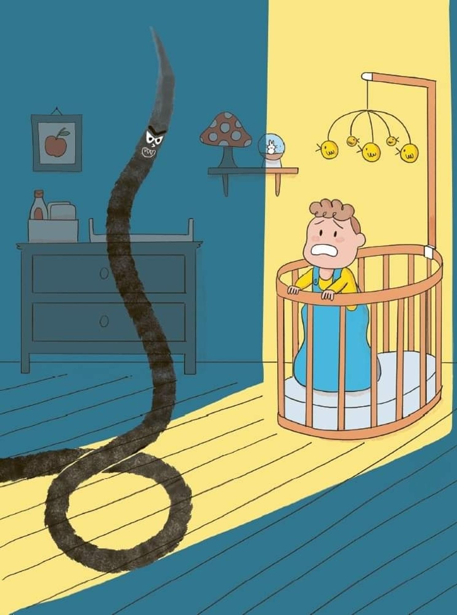 Un cheveux immense et menaçant comme un serpent entre dans la chambre d'un jeune enfant debout dans son lit qui a l'air terrorisé !