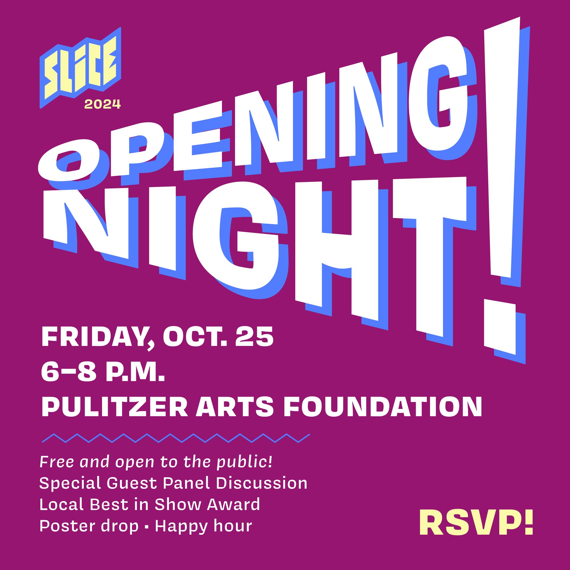 Purple graphic with splashy block text reading "Opening Night!"