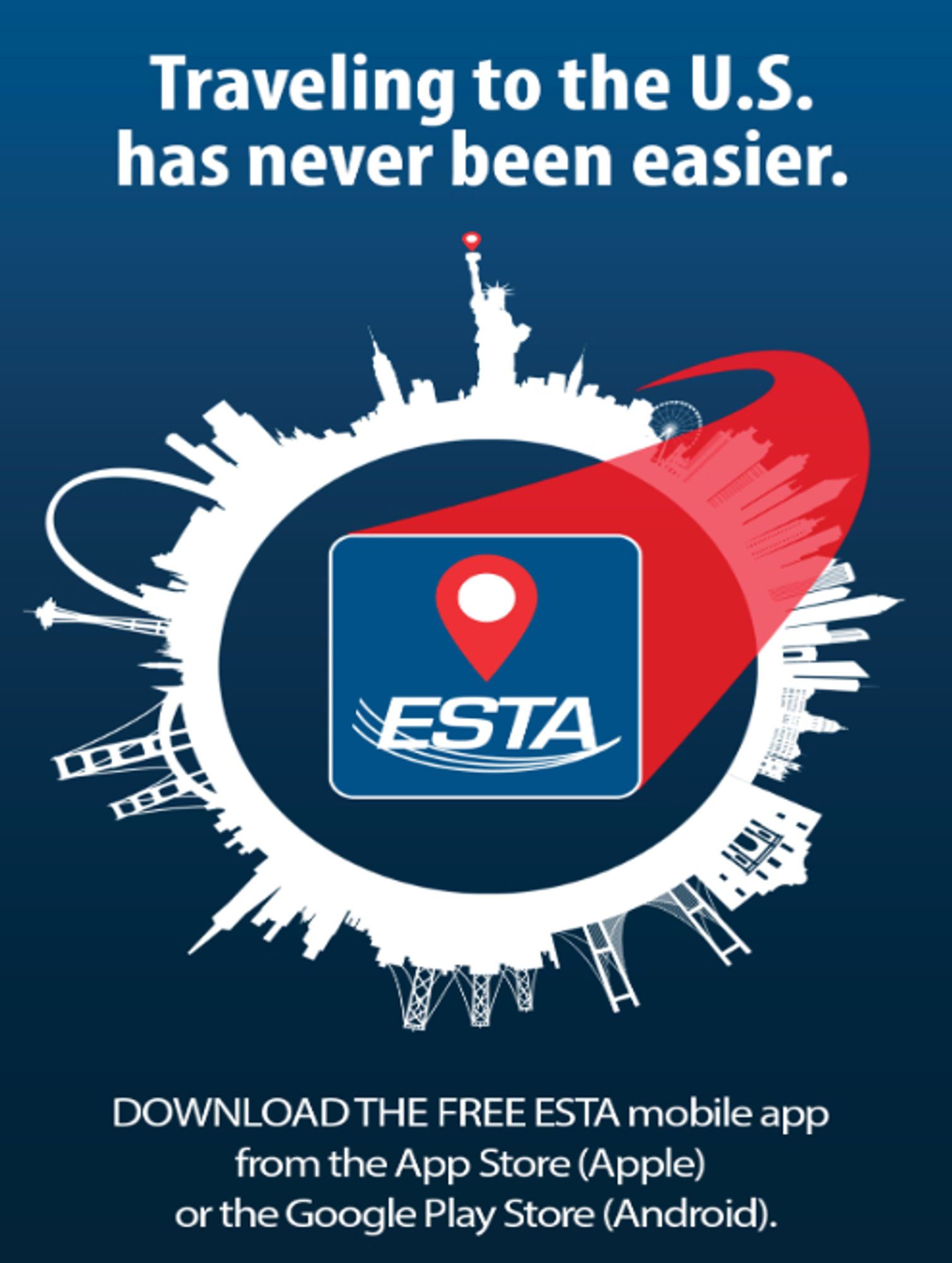 Advert for an "ESTA mobile app" exclaiming "traveling to the US has never been easier"