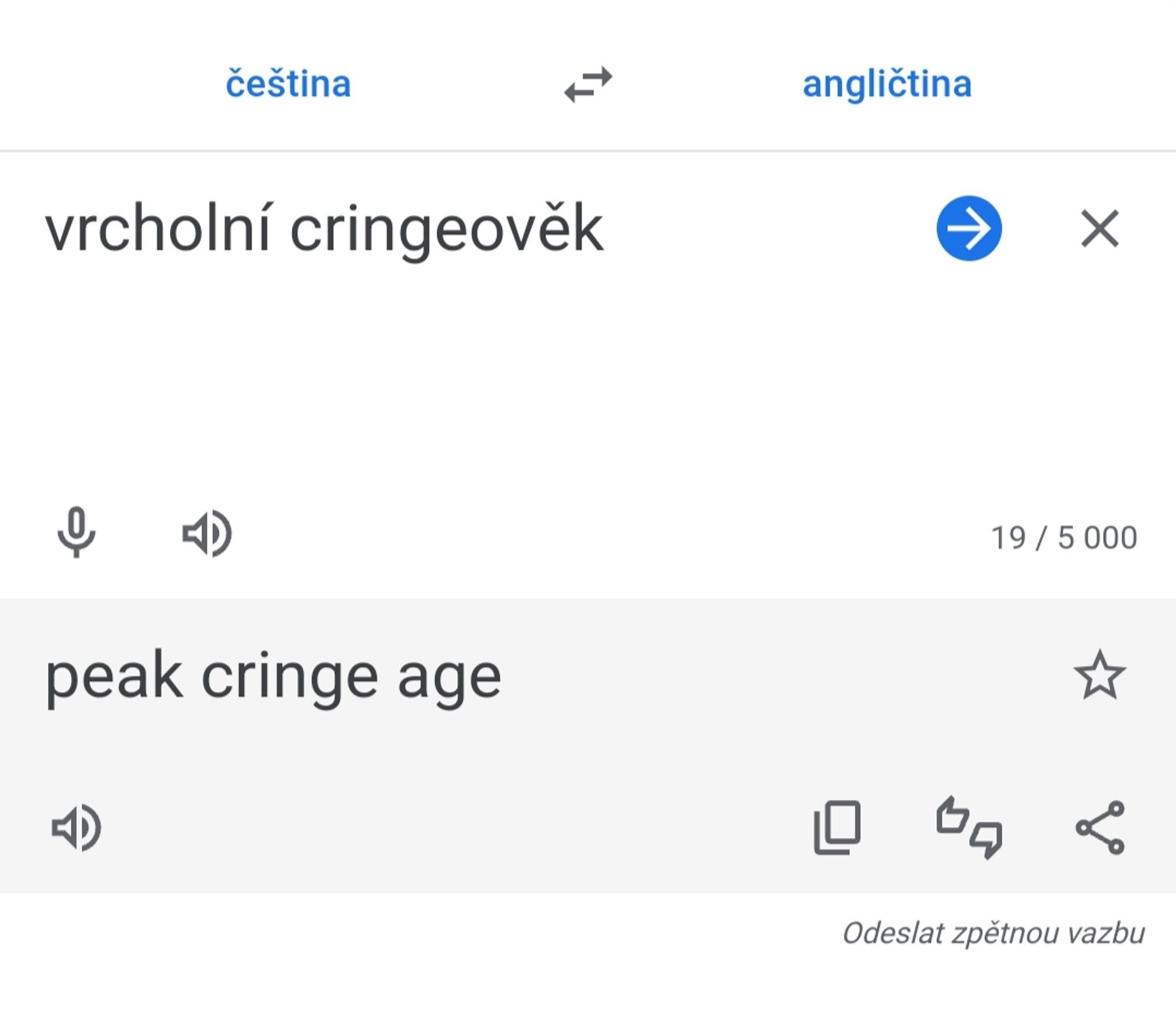 Czech "vrcholní cringeověk" translatex by Google into English as "peak cringe age"