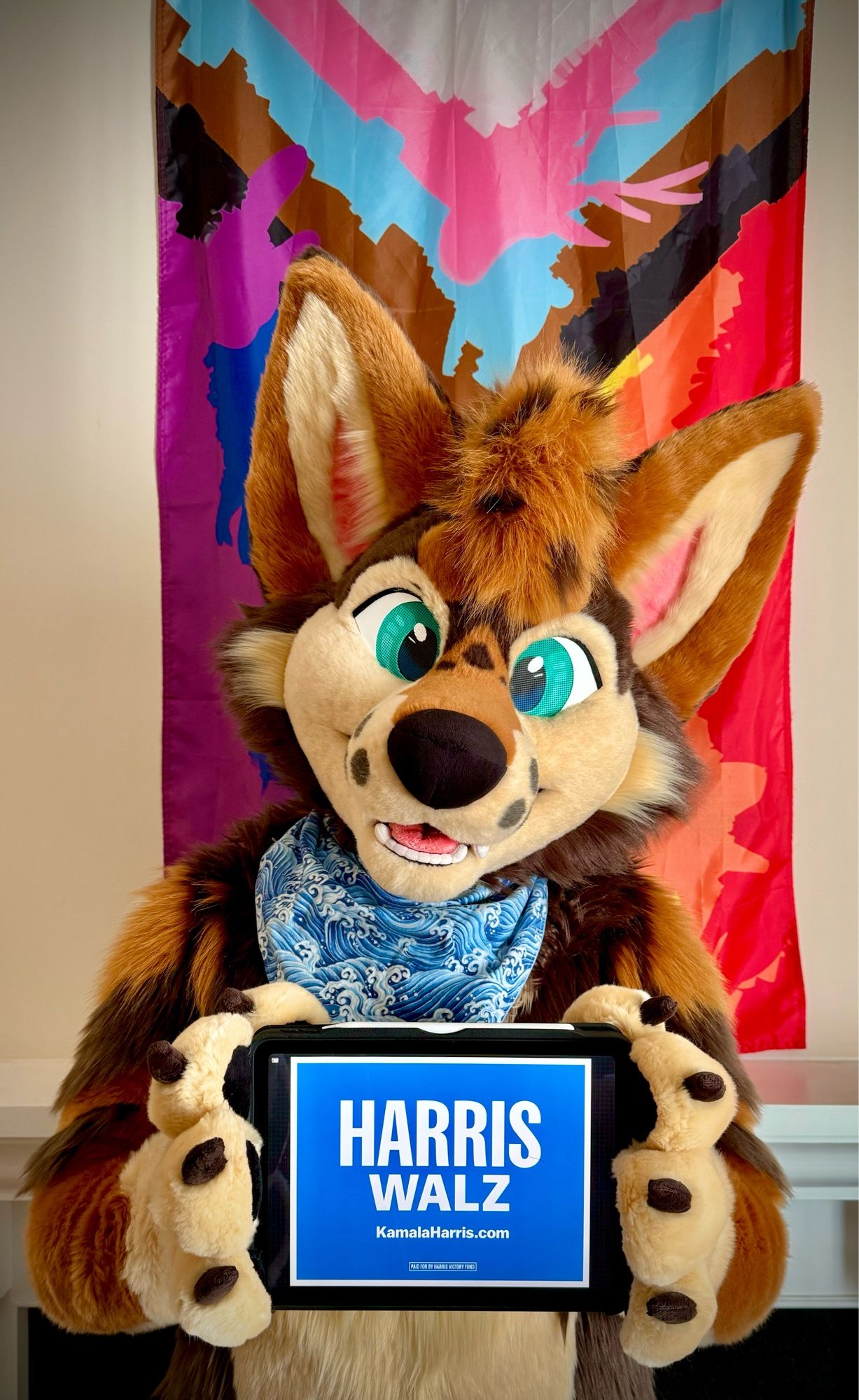 A coyote fursuiter stands in front of a pride flag holding an iPad displaying a Harris/Walz campaign sign