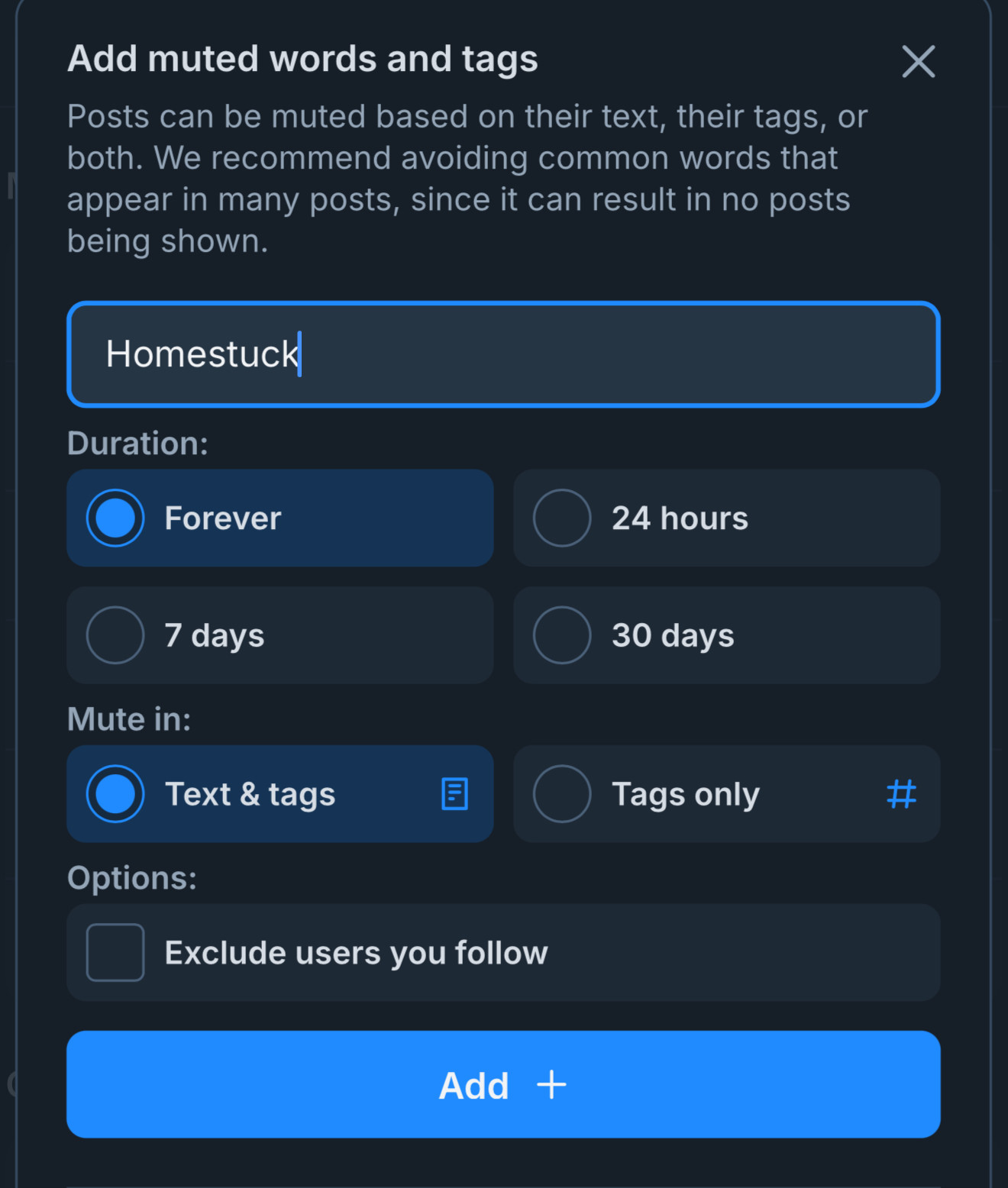 adding the muted term “homestuck” to Bluesky filters 