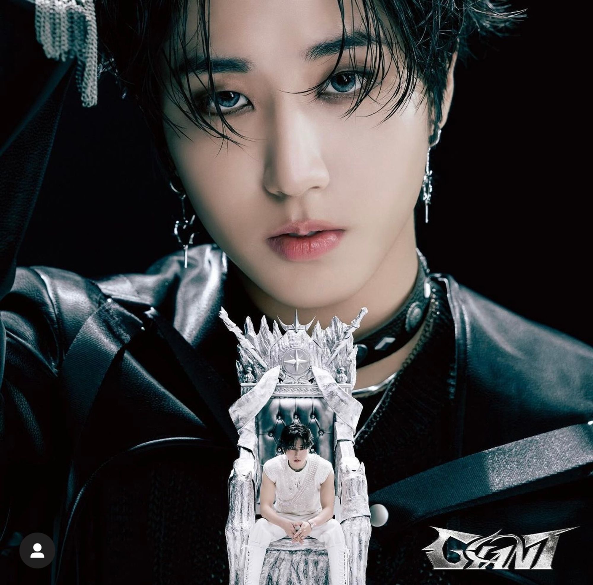 Stray Kids member HAN in an all white outfit sitting on a white and silver throne. The background is a larger image of HAN from the chest up, this time in all black/leather.