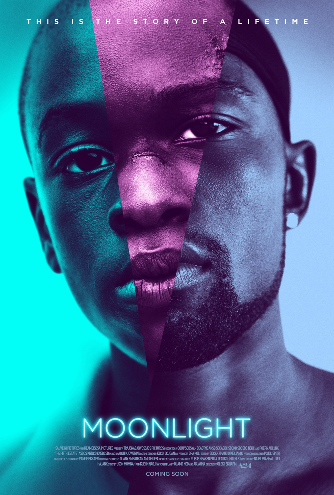 A poster for the 2016 movie Moonlight. It composites the faces of the main character at three ages into one, bathed in neon blue and pink.