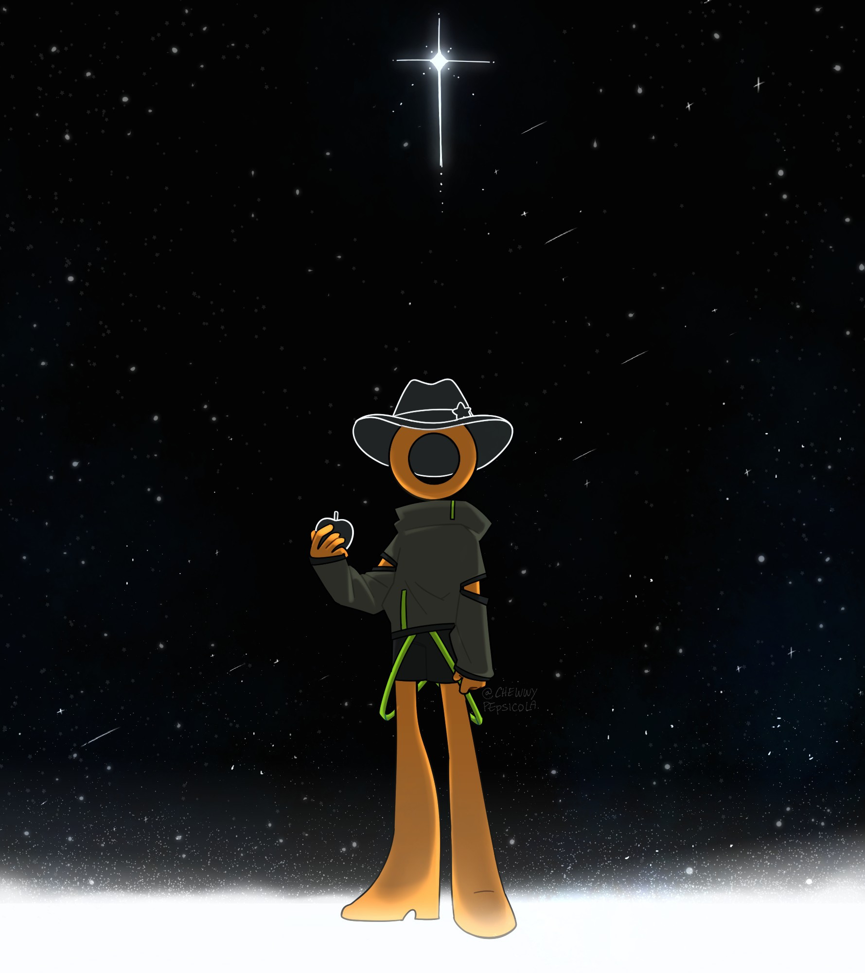 Digital illustration of The Second Coming from Alan Becker's Animation vs Physics, standing against a painted background of space with a bright star shinning down on them, wearing a jacket, shorts and a cowboy hat, holding an apple. 