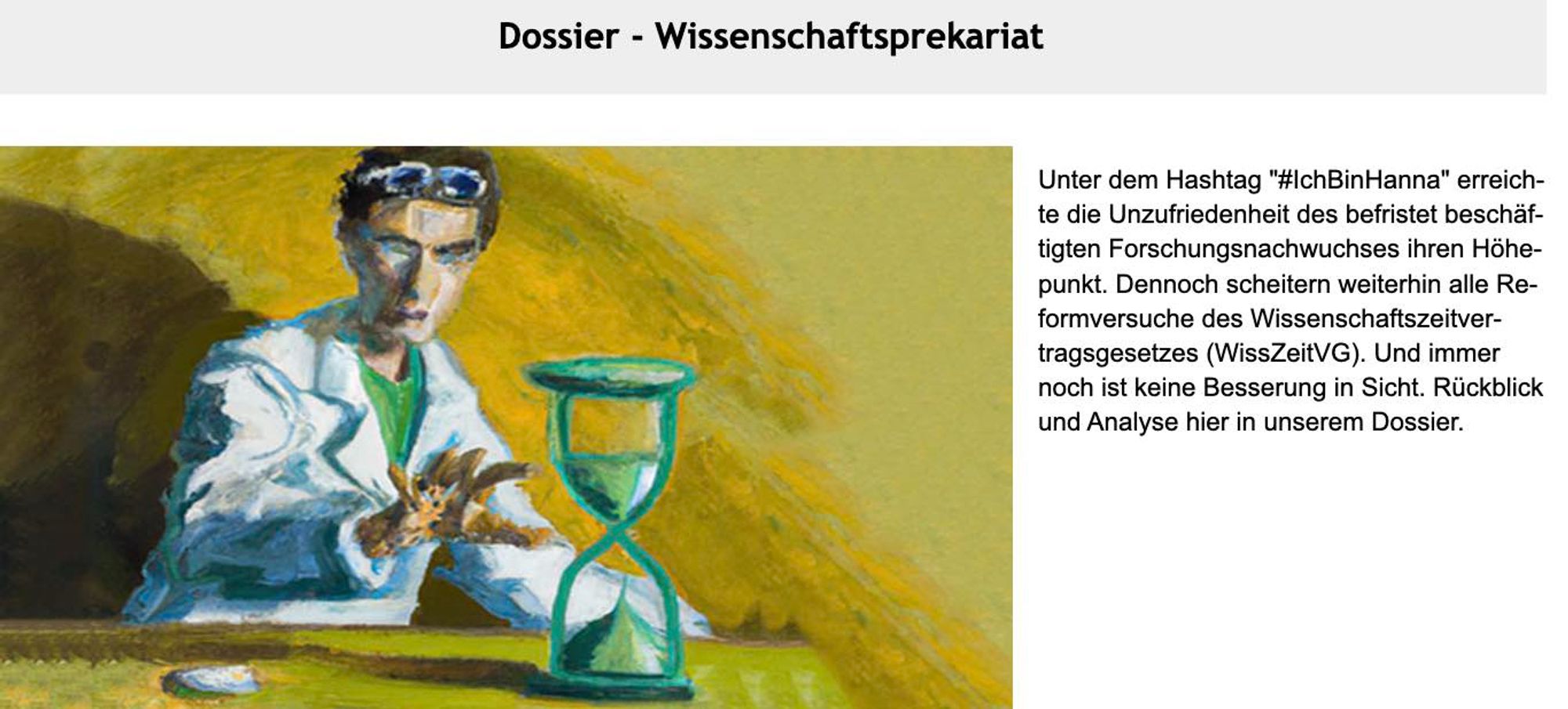 Gemälde eines Forschers, der ängstlich nach einer ablaufenden Sanduhr greift. Daneben Einleitungstext zu unserem Dossier "Wissenschaftsprekariat".