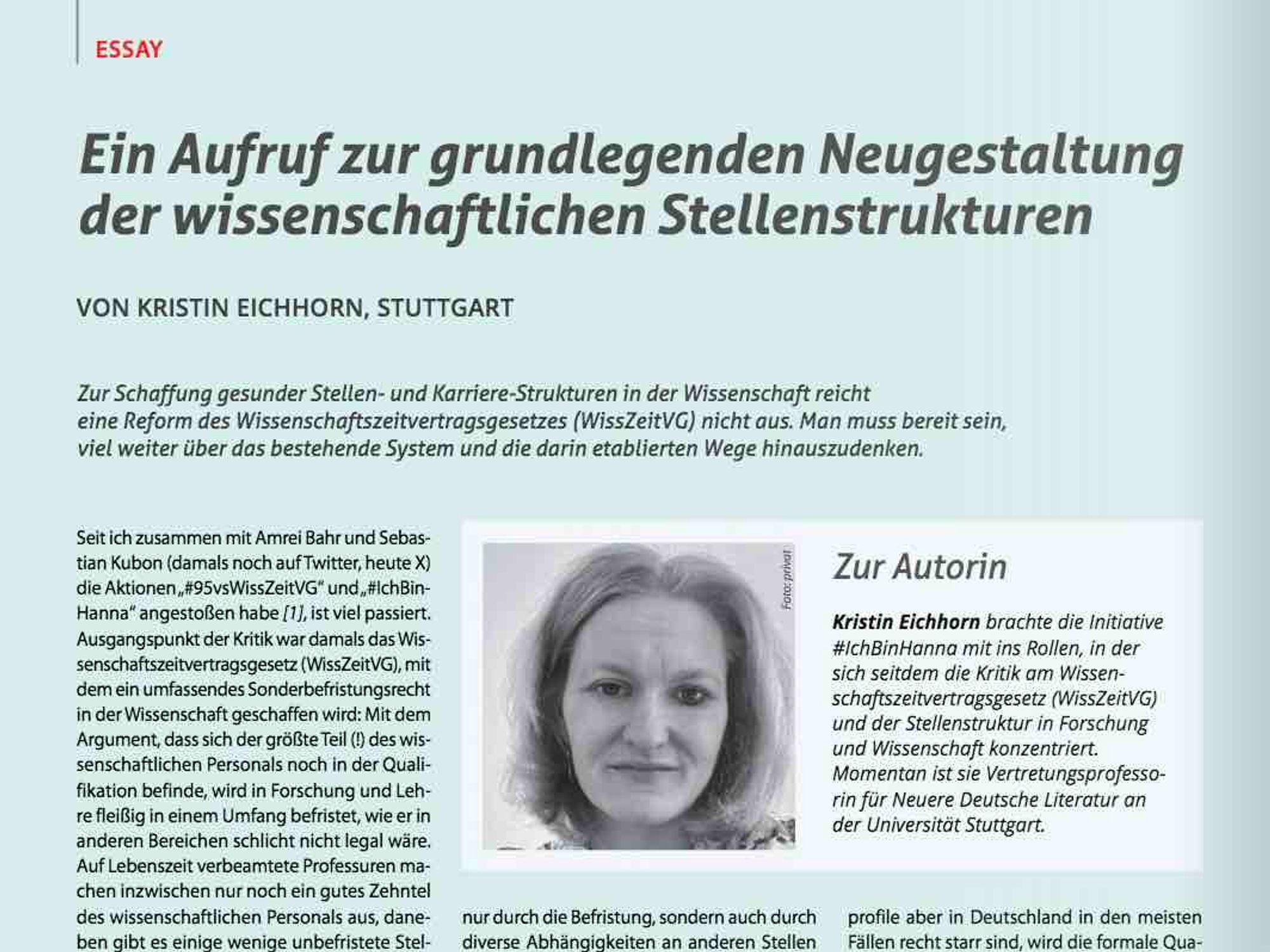 Screenshot der oberen Hälftn der ersten Seite des im Post verlinkten Print-Artikels mit Überschrift "Ein Aufruf zur grundlegenden Neugestaltung der wissenschaftlichen Stellenstrukturen" sowie Vorspann und ersten Textzeilen. Zentral ein Porträtfoto der Autorin Kristin Eichhorn mit Kurzvorstellung.