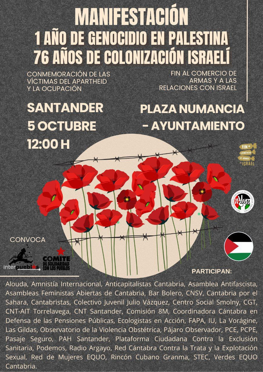 Cartel de convocatoria manifestación pro Gaza en Santander. Día 5 de octubre a las 12 desde la plaza de Numancia a la del ayuntamiento.