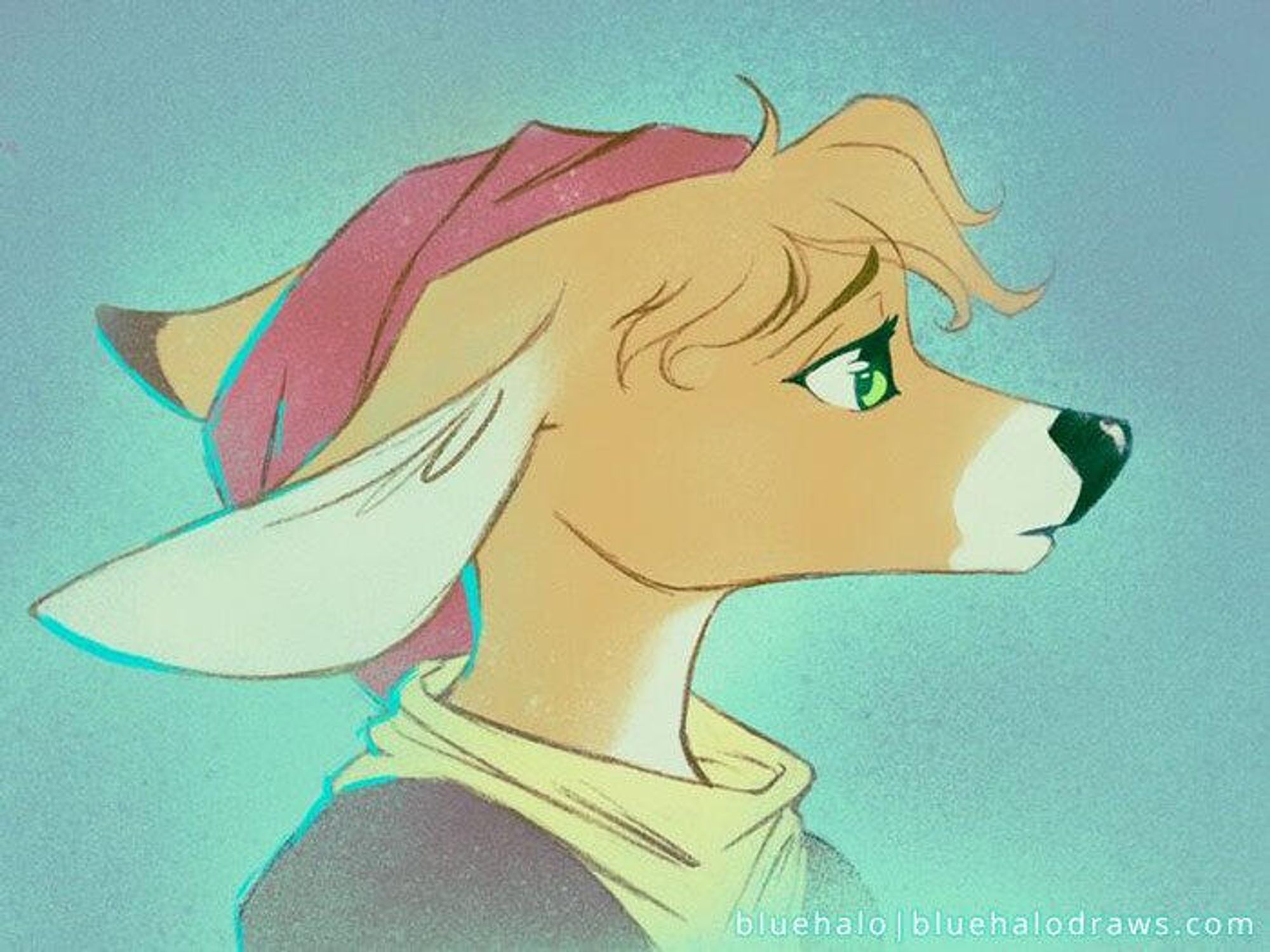 An illustration portrait of an anthropomorphic doe sullenly looking into the distance.