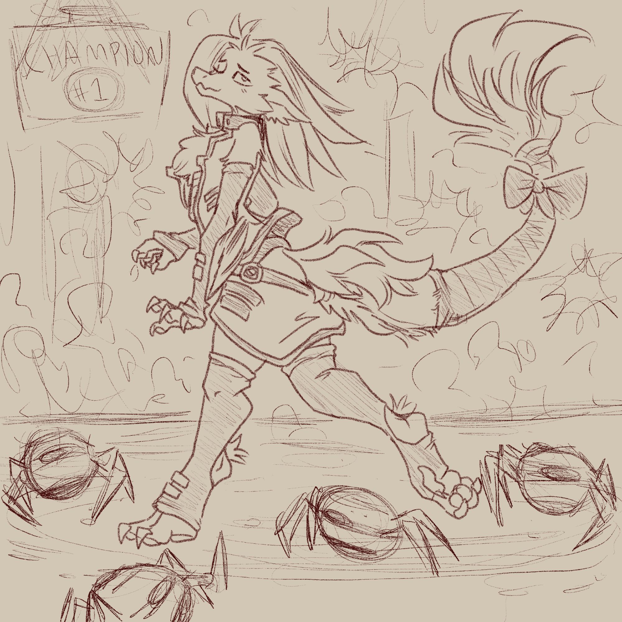 A sketch of an oddly dressed raptor-bird-rat strutting on stage with her legion of spider-bots with a cheering crowd and photo flashes in the (messy) background. Her clothes are furgonomic as hell.