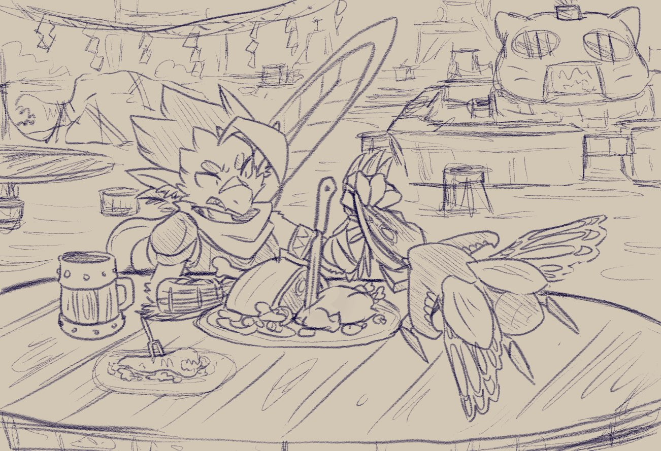 Ashuu'ra is dressed up like a Monster Hunter at a table with a small feast. He is fighting over a slice of meat with his Kinsect. The background is just "nondescript dining area from Monster Hunter" but there's a captured Khezu back there!