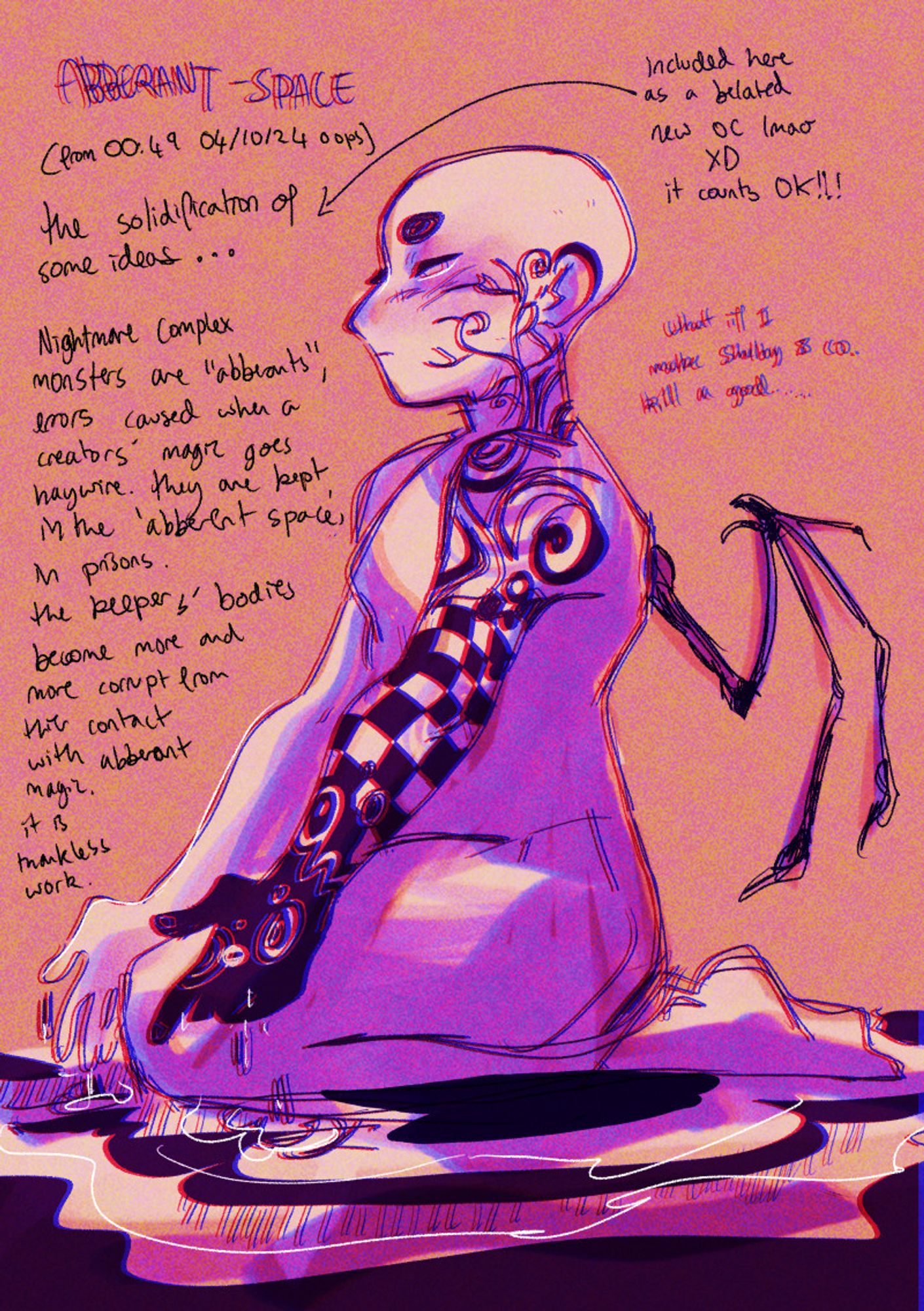 drawing of a character sat with hands dripping into water(?), funky patterns running up one of their arms.  They have a blank look on their face.  the drawing is accompanied by the scribbled notes of a man who is having a late-night brainwave