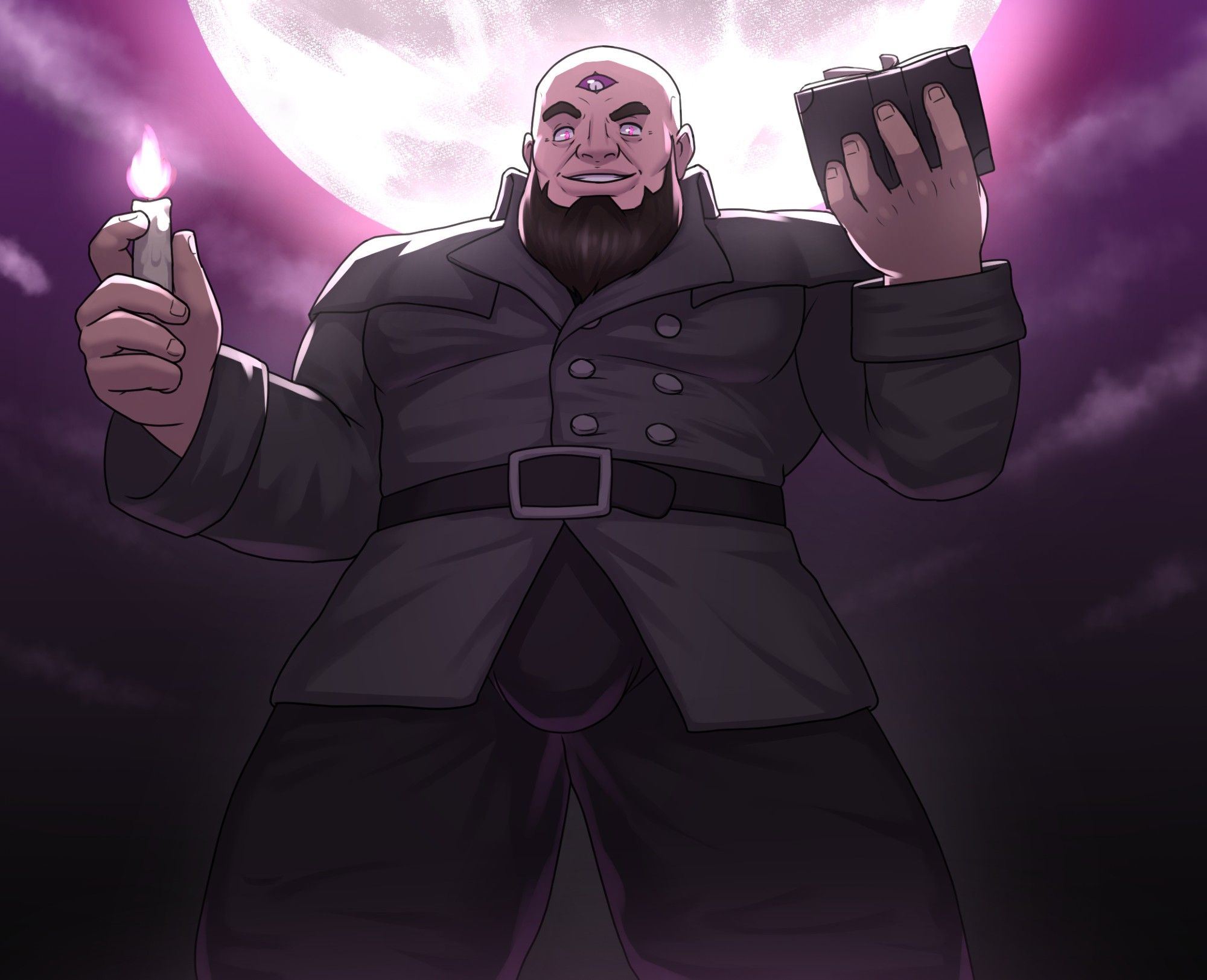 Buinn holding a candle on his right hand, with him looking at you with a smirk. He has an open boon on his left hand. The sky is on full moon, with a pinl/purple hue and some smoke, making it eery/"scary".