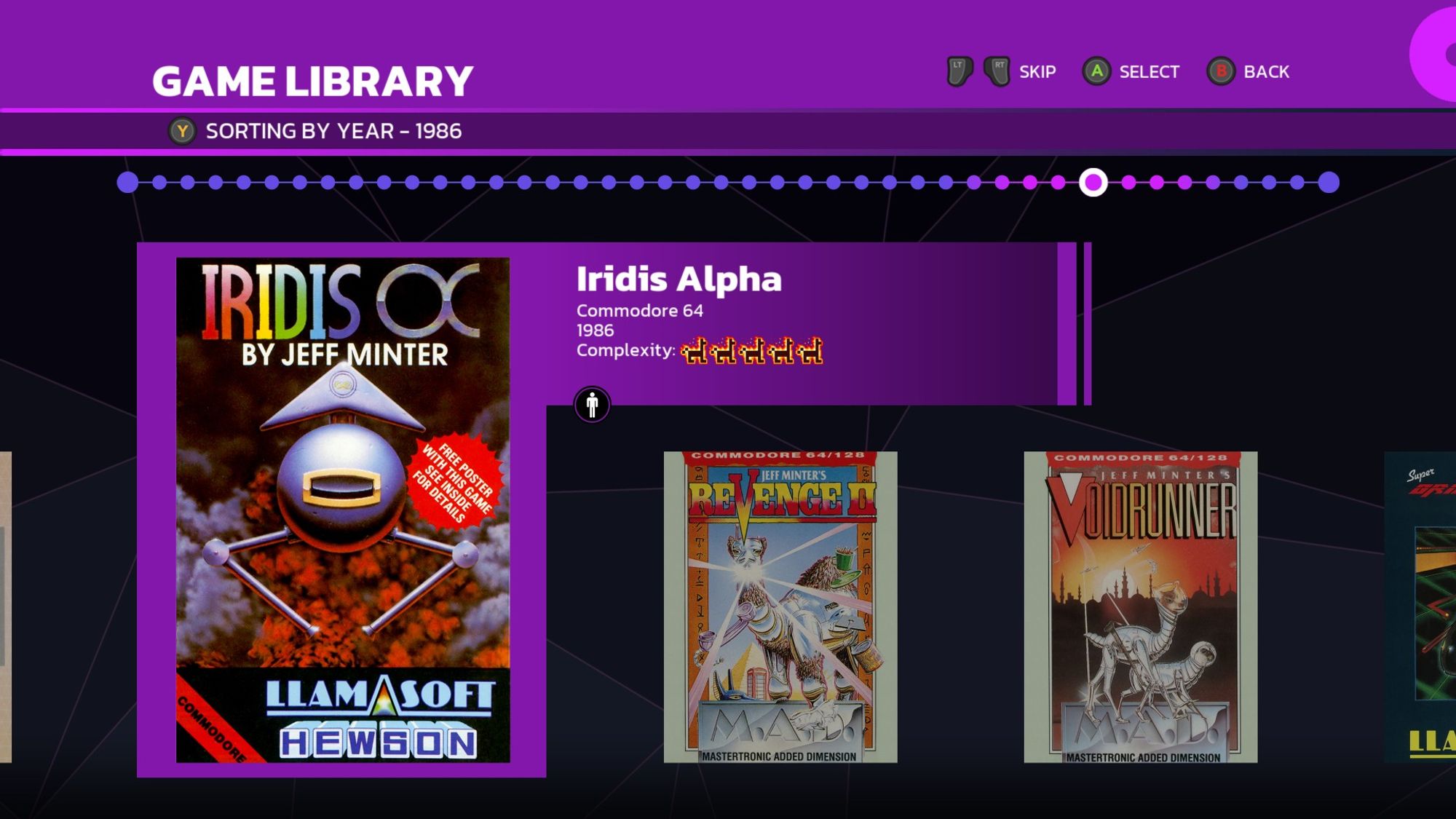 A screenshot of the game library showing Iridis Alpha, Revenge of the Mutant Camels II, and Voidrunner from 1986