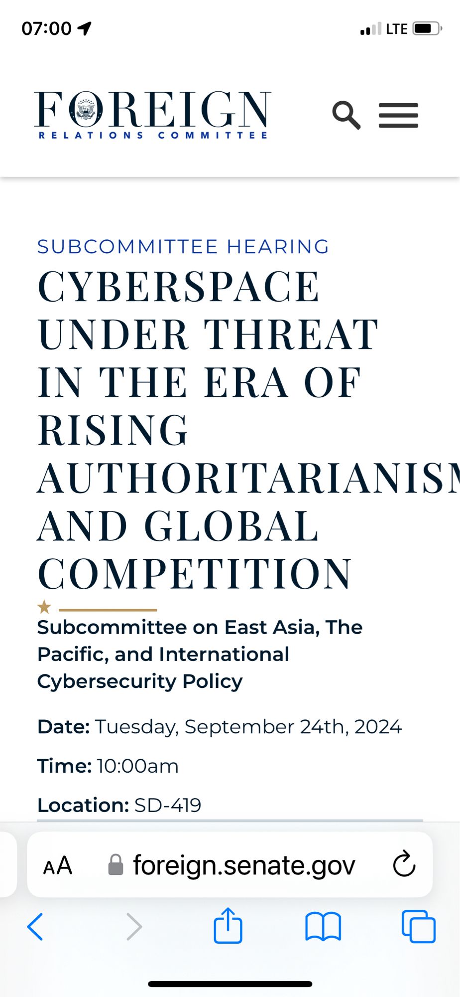 CYBERSPACE UNDER THREAT IN THE ERA OF RISING AUTHORITARIANISM AND GLOBAL COMPETITION
Subcommittee on East Asia, The Pacific, and International Cybersecurity Policy
Date: Tuesday, September 24th, 2024
Time: 10:00am
Location: SD-419