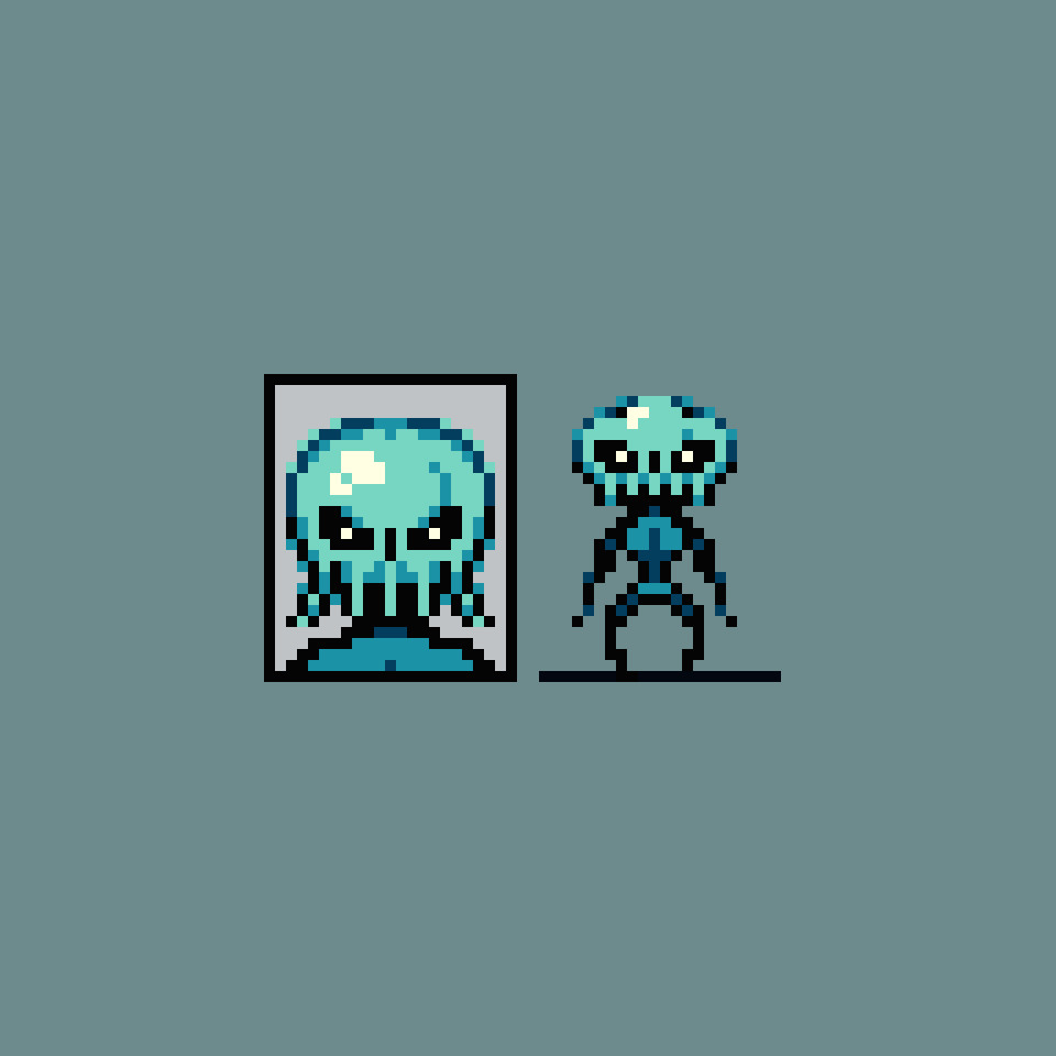 Pixel art portrait alongside matching sprite, both depicting a strange, slim built humanoid figure. It has tentacles in place of arms, and a large bald head with more tentacles in place of a mouth.

The entire picture has a blue hue, with a grey-blue background behind the more vibrant blues of the portrait and sprite. Anti-aliasing is used prominently to break up outlines.

The portrait and sprite both look directly into the viewer's soul as if to ask "are you truly ready for spooky season?"