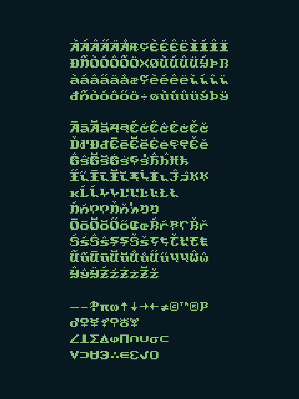 Additional characters present in the 11px variant of Old Peculiar, set in bright green on a dark blue-green background