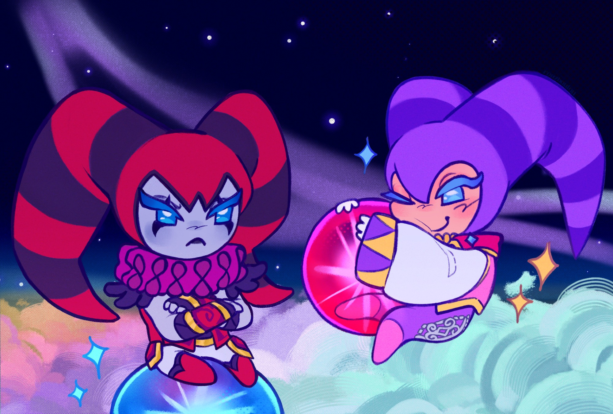 a chibi, gummy-candy like rendition of chibi NiGHTS and reala from NiGHTS: journey of dreams illustrated on a dreamy background of rainbow clouds floating in space. NiGHTS is smugly pressing a red ideya orb to their face while reala grumpily sits on top of a blue one.