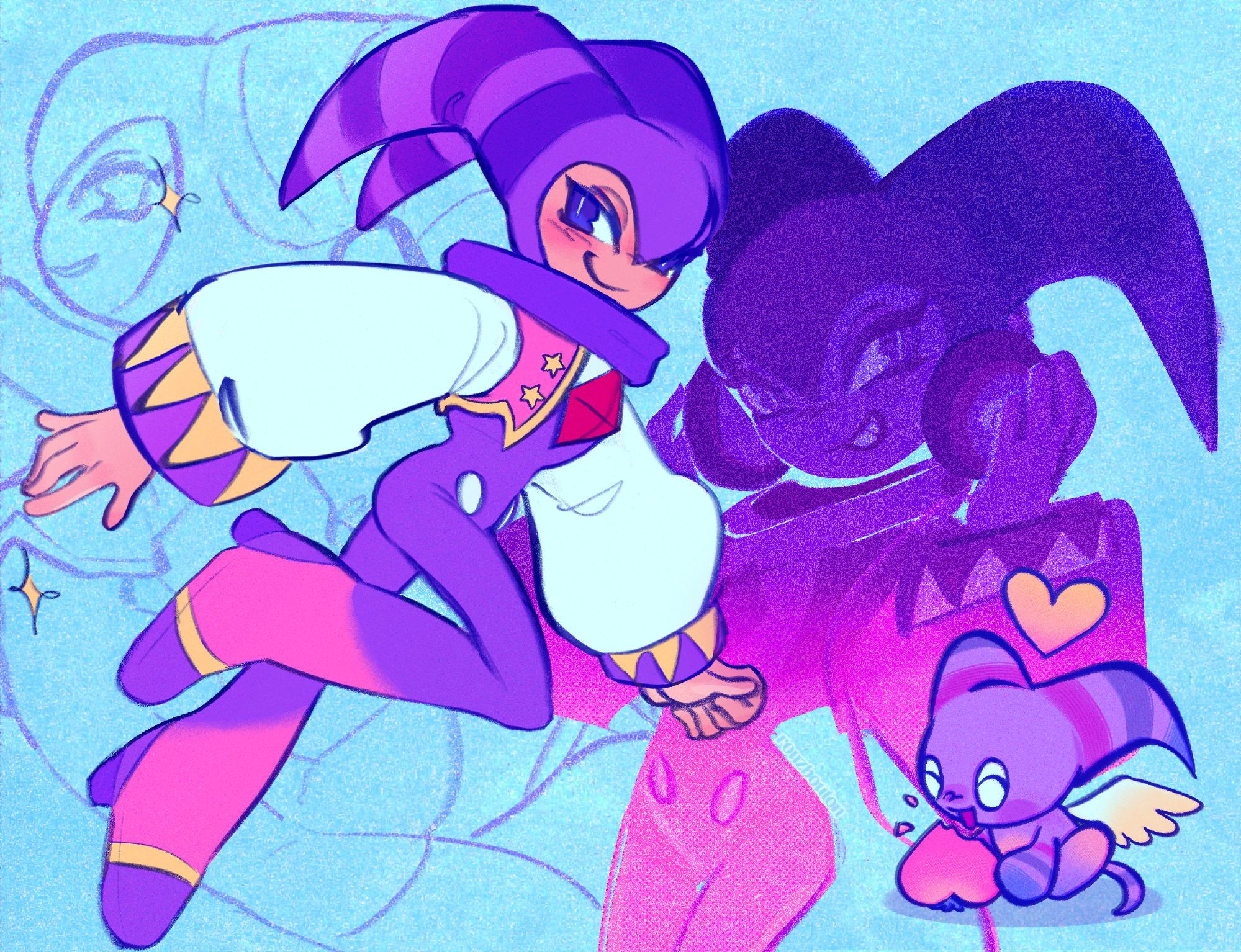 a compilation of sketches featuring the character NiGHTS from NiGHTS into dreams. the color palette features cold blue tones paired with dreamy purples: an image of NiGHTS with one leg kicked up as they fly is the centerpiece while two other sketches remain in the background, one purely linework of NiGHTS flying away and the other a twilight-gradient of NiGHTS wearing headphones. in the bottom right corner a NiGHTS chao happily chows down on a peach-like fruit.