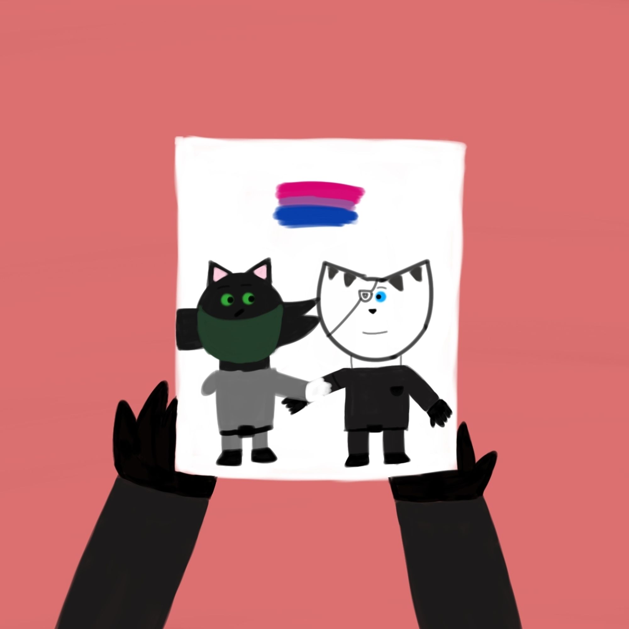 Drawing of Minea holding a drawing of themselves and Jupiter and above them is a bi flag