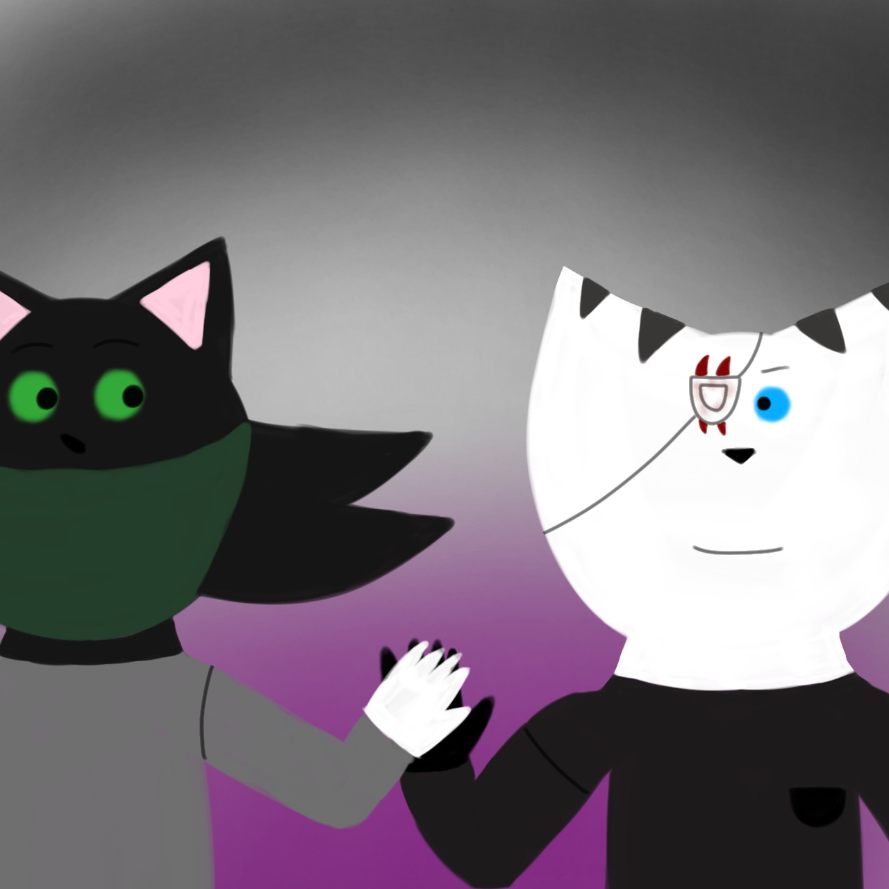 Drawing of Minea and Jupiter looking at each other while they are holding hands. The background is in asexual flag's colors