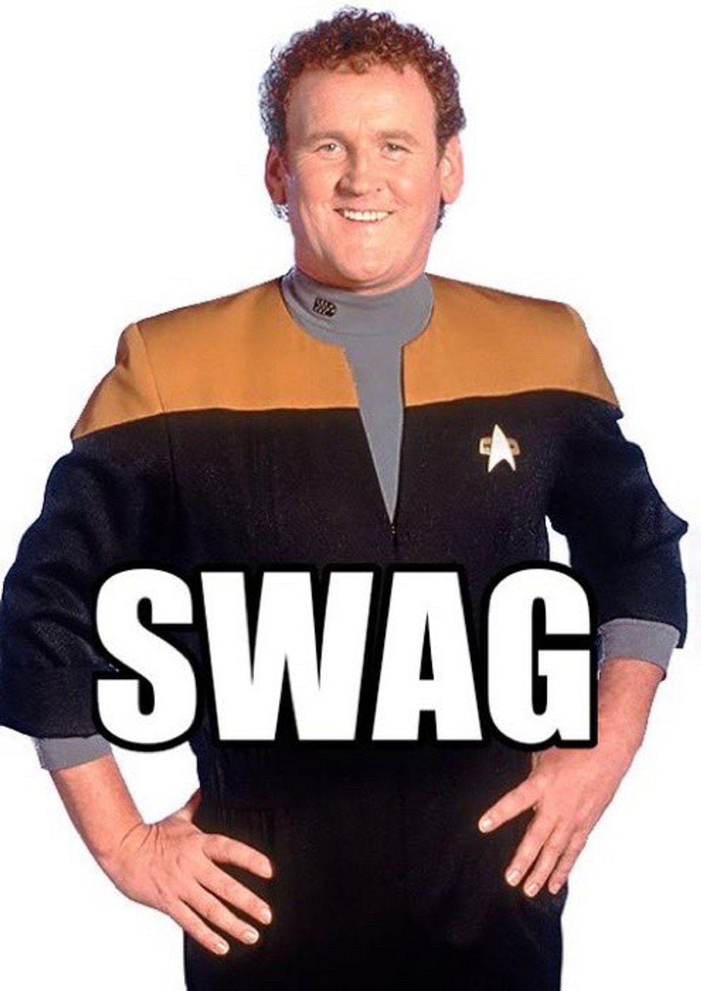 miles o’brien stock reaction image of the “can I please have food” pose with the word SWAG in impact font