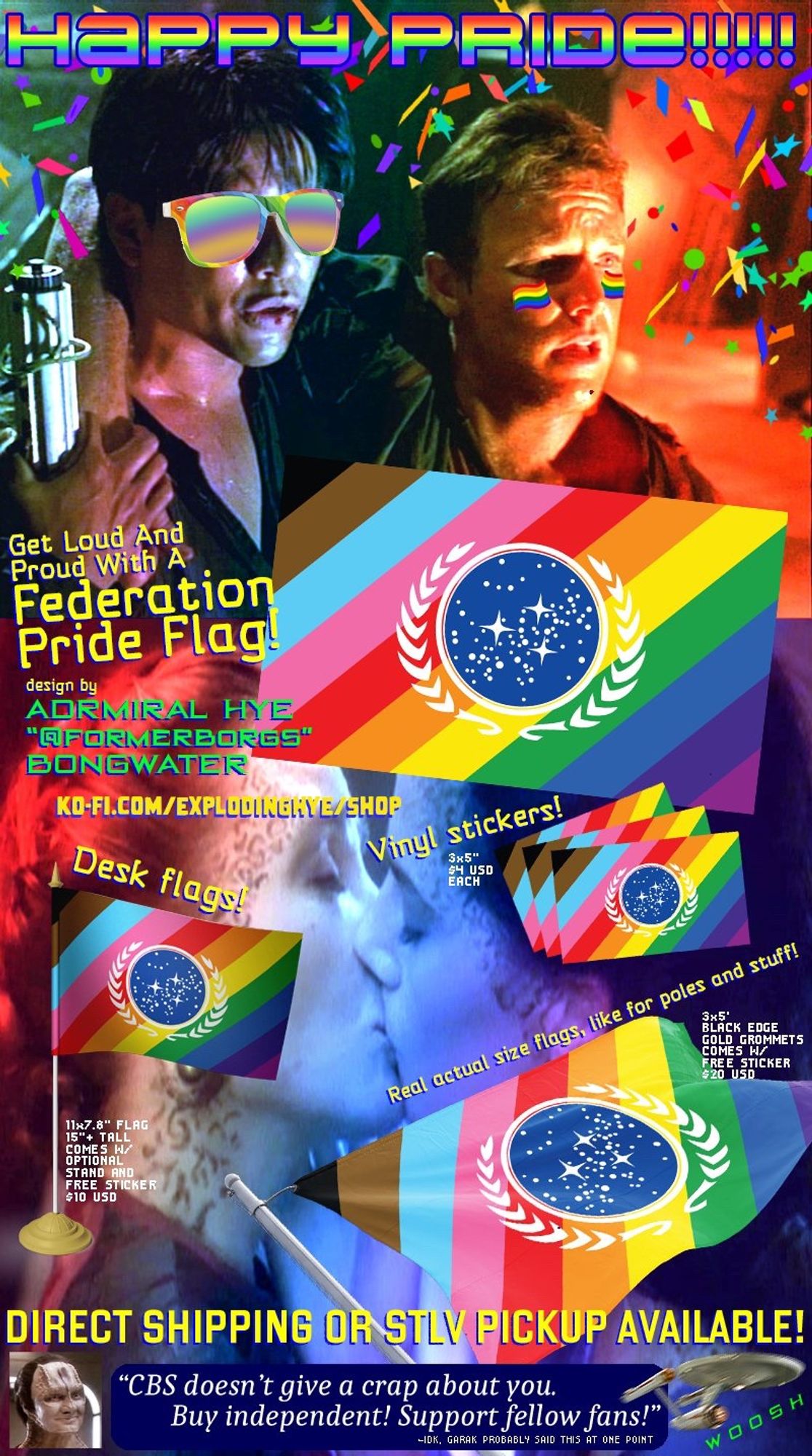 Advertisement for Hye’s federation UFP pride flag featuring Harry Kim, Tom Paris, Jadzia Dax, Lenara Kahn, and a tiny Garak head talking shit about CBS