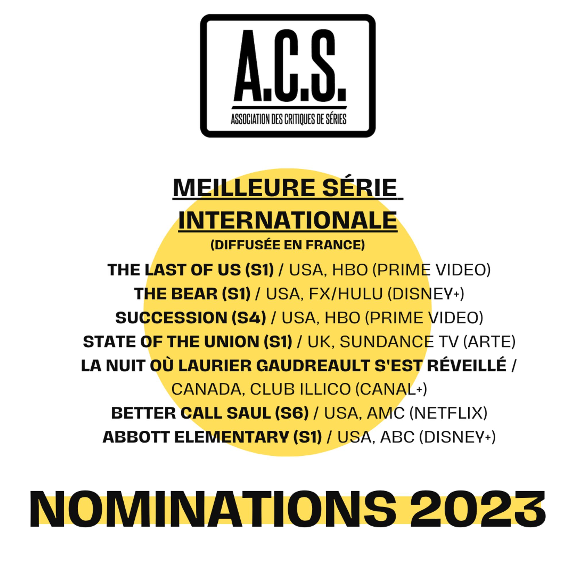 Nominations catégorie meilleure série internationale
The Last of us saison 1
The Bear saison 1
Succession saison 4
State of the union saison 1
La nuit où Laurier Gaudreault s'est réveillé
Better call Saul saison 6
Abbott Elementary saison 1