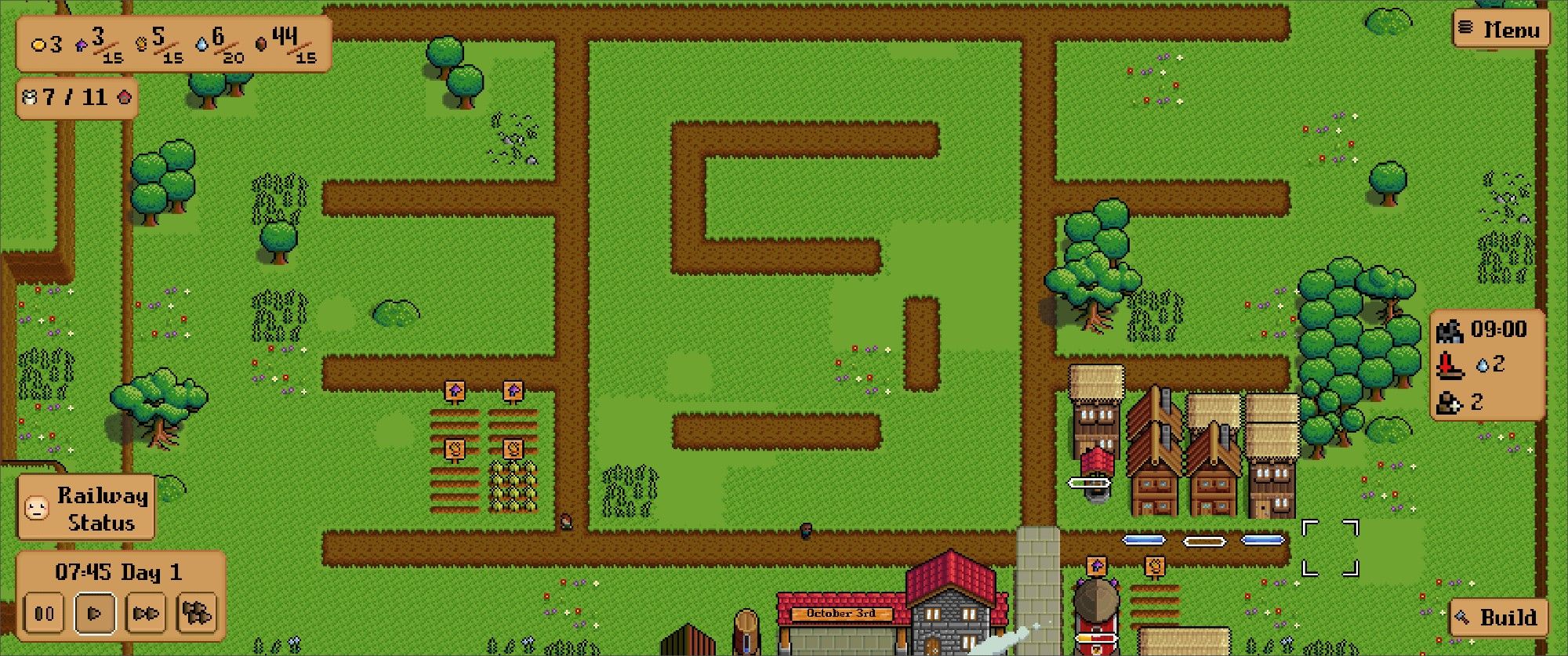 A screenshot of Iron Village. Dirt roads form the number "5" in the middle of a mostly empty grassland. The name of the train station is "October 3rd", referring to the release date of the demo.