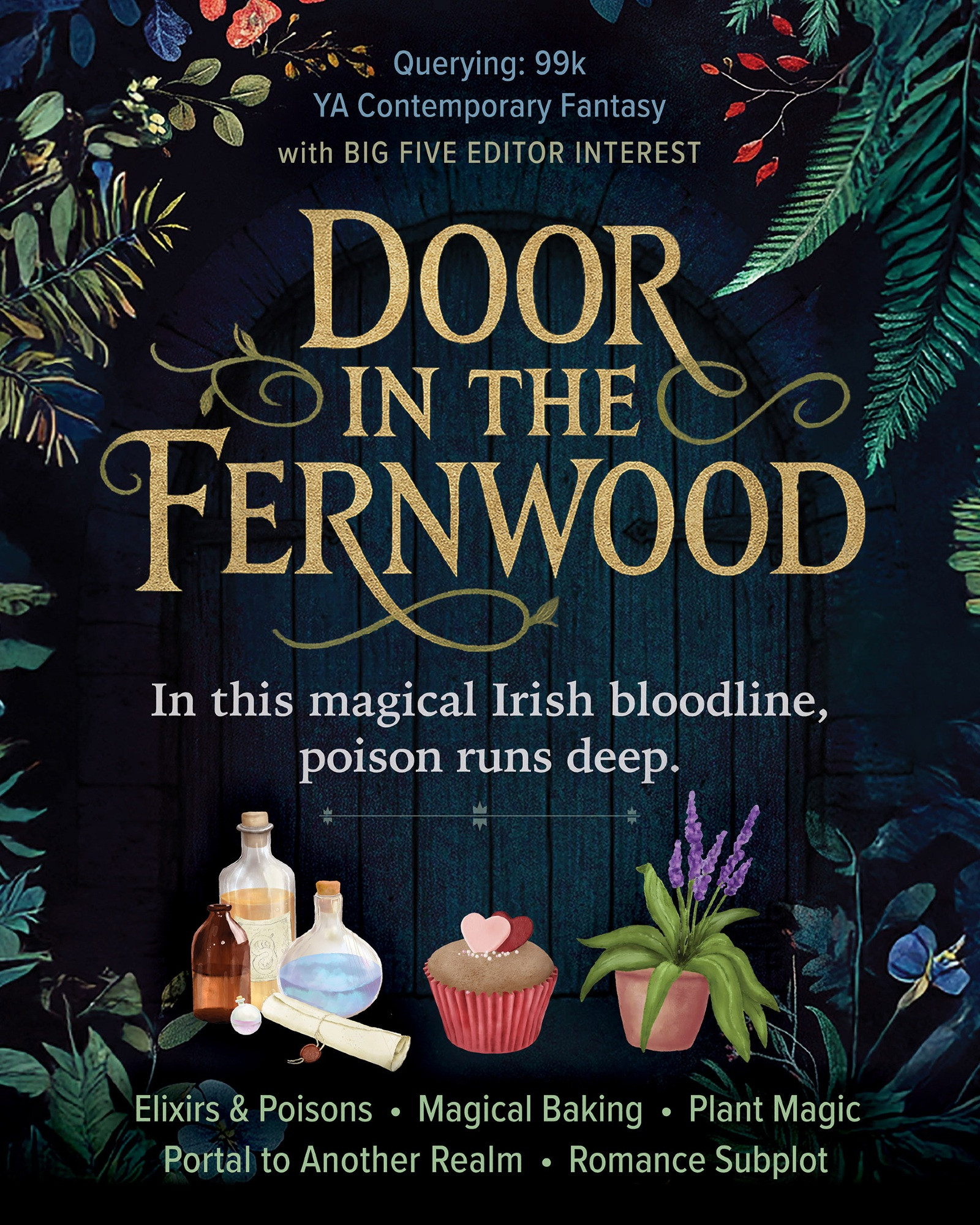 Door in the Fernwood by Katie Krohn. Tagline: In this magical Irish bloodline, poison runs deep. Complete at 99,000 words, I am querying this YA Contemporary Fantasy with Big Five editor interest. Keywords: elixirs and poisons, magical baking, plant magic, portal to another realm, romance subplot, time travel, magical artifacts. www.KatieKrohn.com