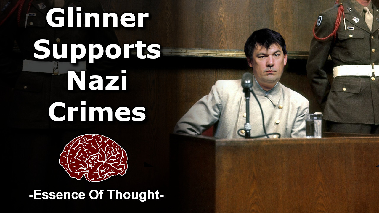 The thumbnail for the Essence of Thought video ‘Graham Linehan Supports Experimenting on Trans Children | RE: The Cass Review’, depicting Graham Linehan, photoshopped to make it appear as if he is standing trial as part of the Nuremberg trials. Next to him, bold white text reads: “Glinner Supports Nazi Crimes”.