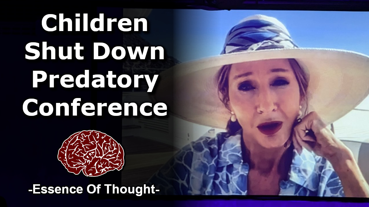 A thumbnail for the Essence of Thought video ‘J.K. Rowling Supports Pro-Child-Predator Conference | LGB Alliance Conference 2024’ which has a photo of J.K. Rowling on a projector next to bold white text which reads “Children shut down predatory conference”.