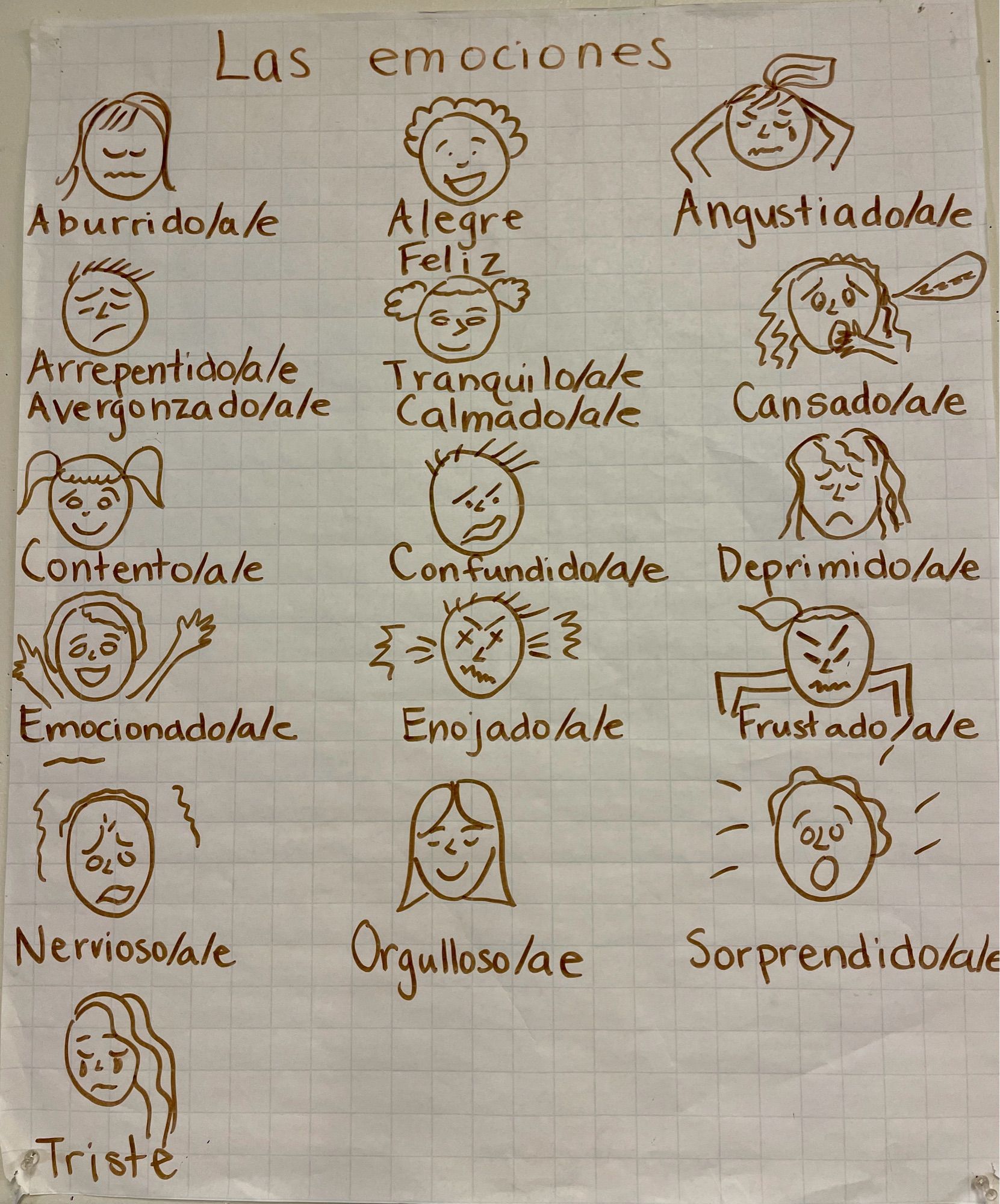 Anchor chart with emociones and corresponding illustrations of faces