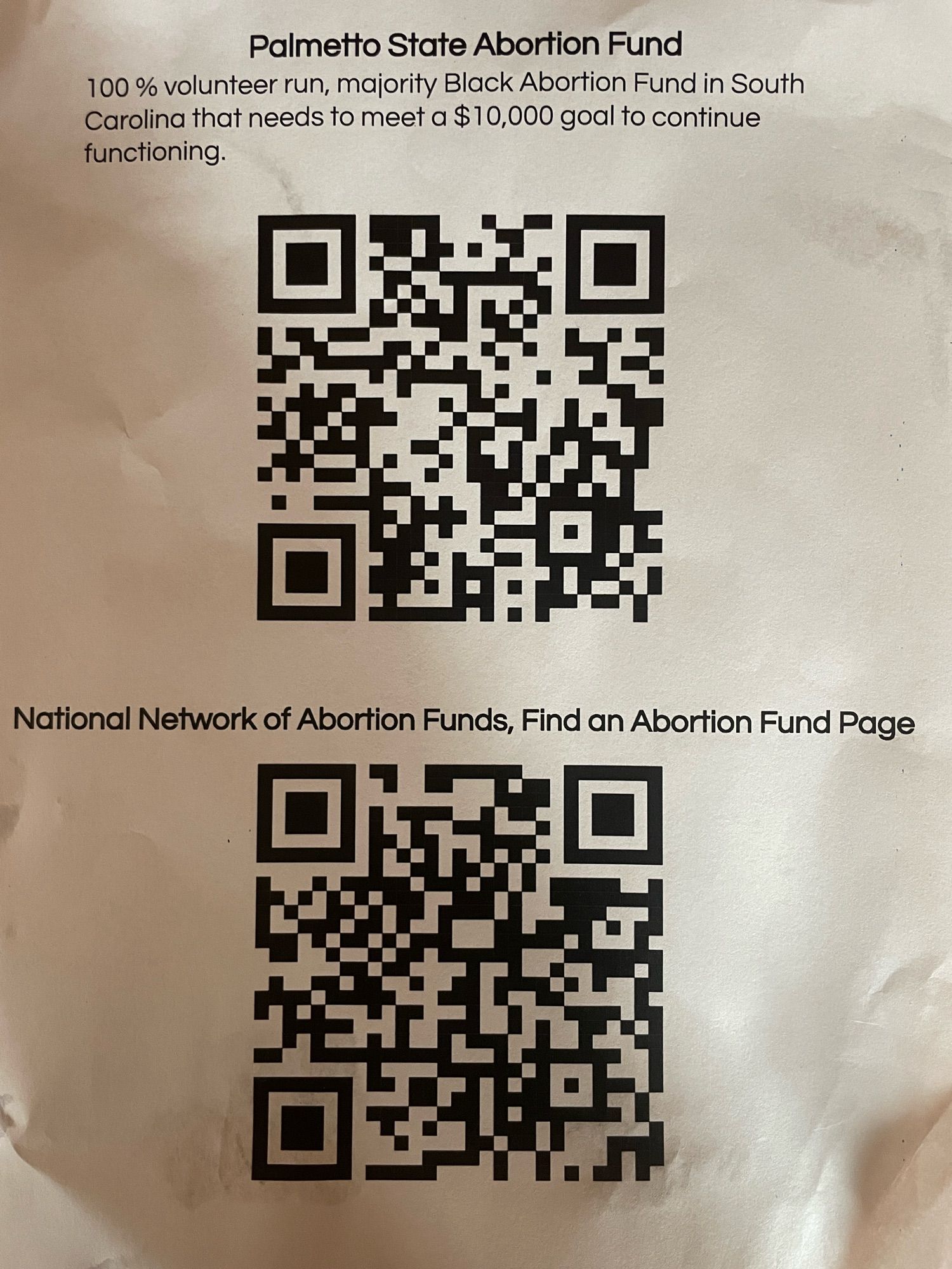 QR codes for Palmetto State Abortion Fund and the National Network of Abortion Funds that I posted at my party.