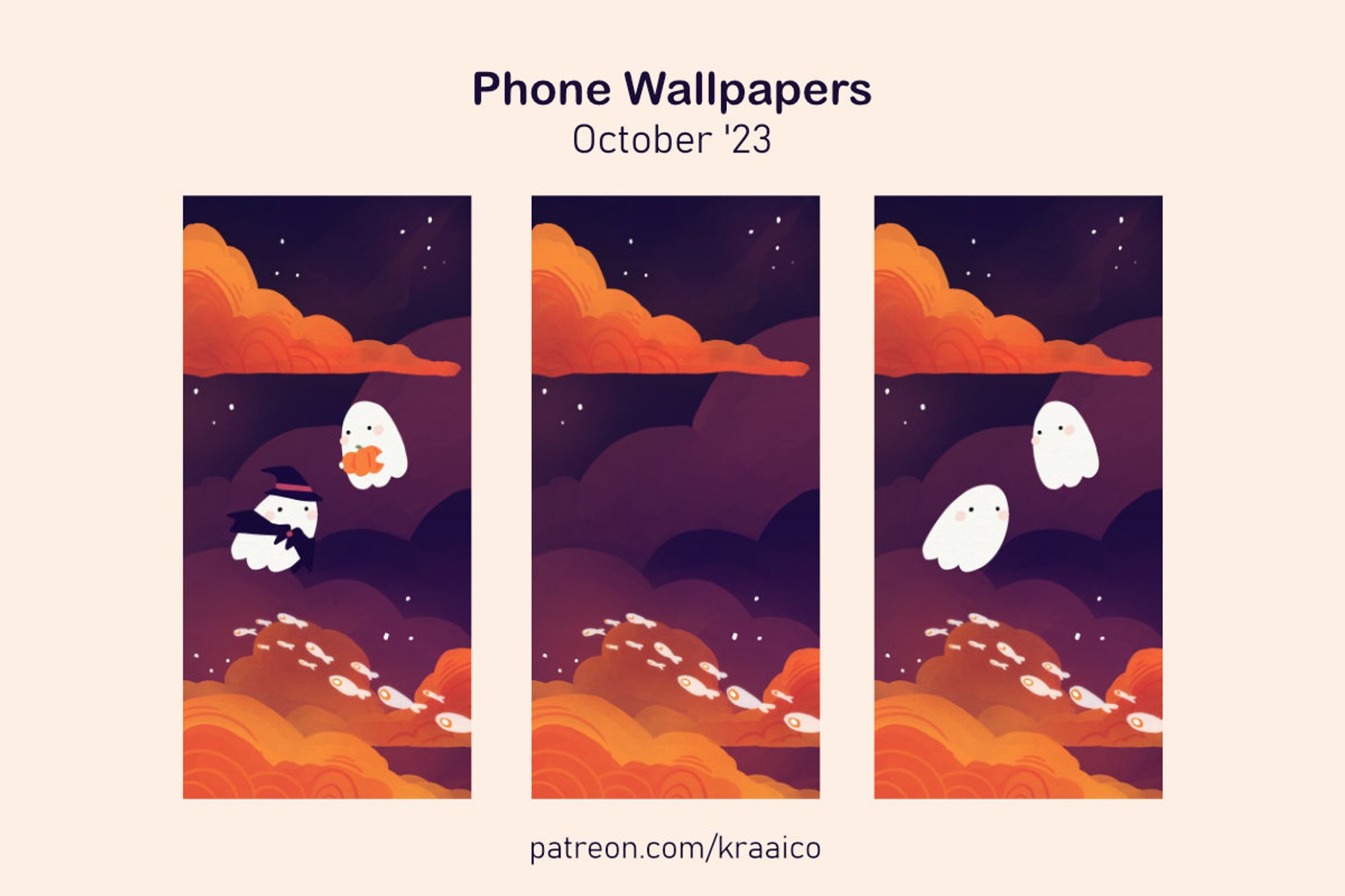 Graphic showing three phonewallpapers, all a variation on the same illustration: Two ghosts against an orange and purple clouded night sky. One is dressed in a wit hy hat and robe, the other one holding a pumpkin. There's a school of ghosty fish swimming amongst the clouds. On the second wallpaper, there's no ghosts. On the third, the ghosts aren't wearing a costume.