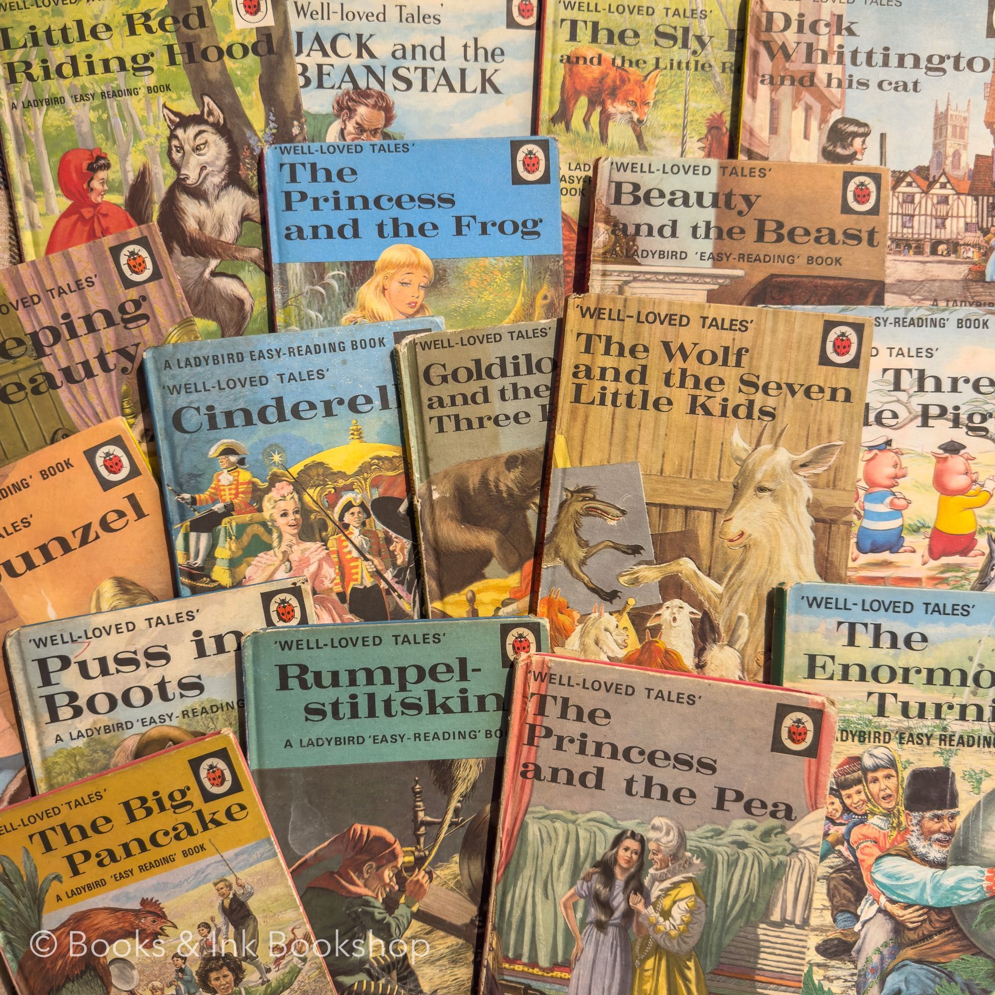 Collection of vintage ladybird books in the fairy tales well-loved tales series displayed face up