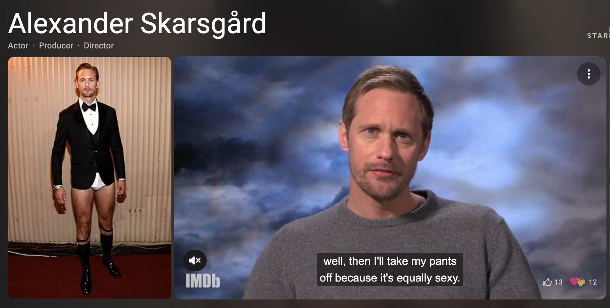 alexander skarsgard's pantsless IMDB profile photo next to a video of alexander skarsgard in which he explains in a caption that "I'll take my pants off because it's equally sexy"