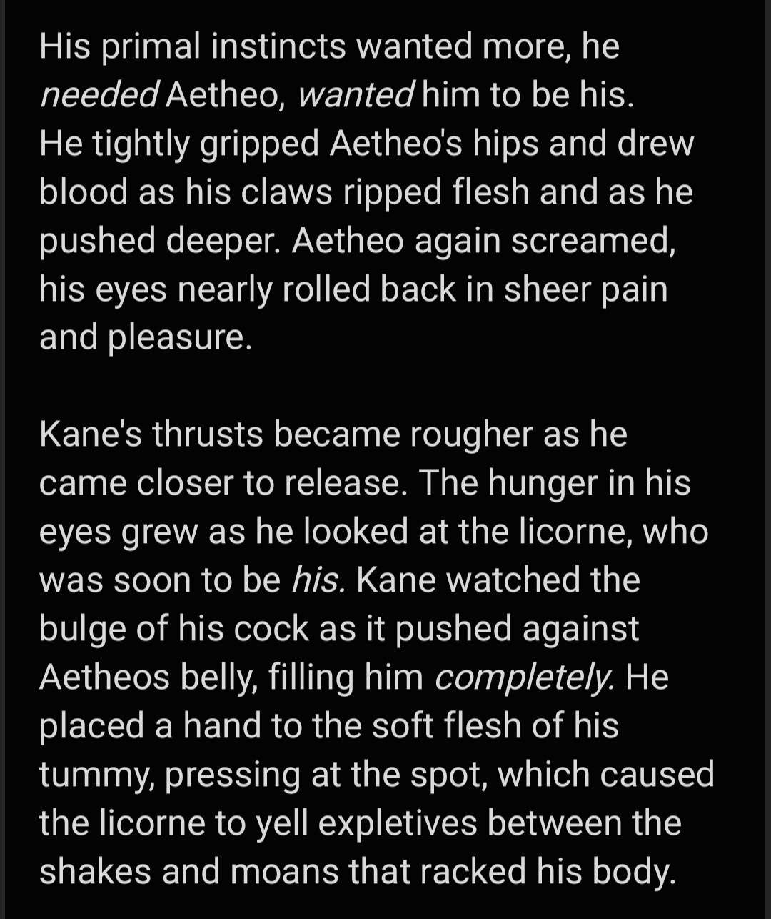 Short smut story written by klovesbunnies (my main account) of my character Kane and my partner, dieiudicia 's character Aetheo. 

#art #writing #writer #furrywriter #furryart #furryocs #ocs #ocwriting #berserk #berserkinspired #a/b/o #omegaverse #breedingkink #predator #prey #predator/preydynamics #dubcon 