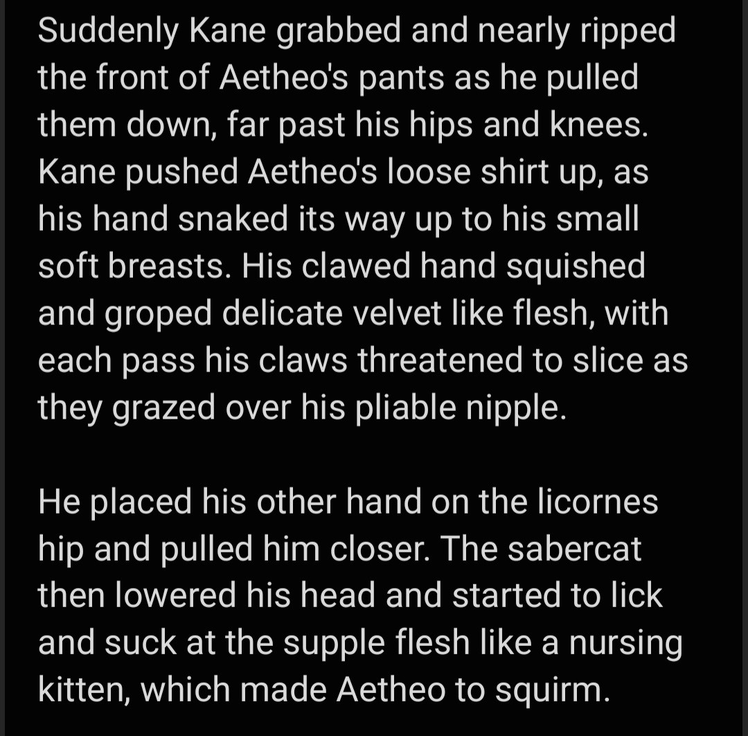 Short smut story written by klovesbunnies (my main account) of my character Kane and my partner, dieiudicia 's character Aetheo. 

#art #writing #writer #furrywriter #furryart #furryocs #ocs #ocwriting #berserk #berserkinspired #a/b/o #omegaverse #breedingkink #predator #prey #predator/preydynamics #dubcon 