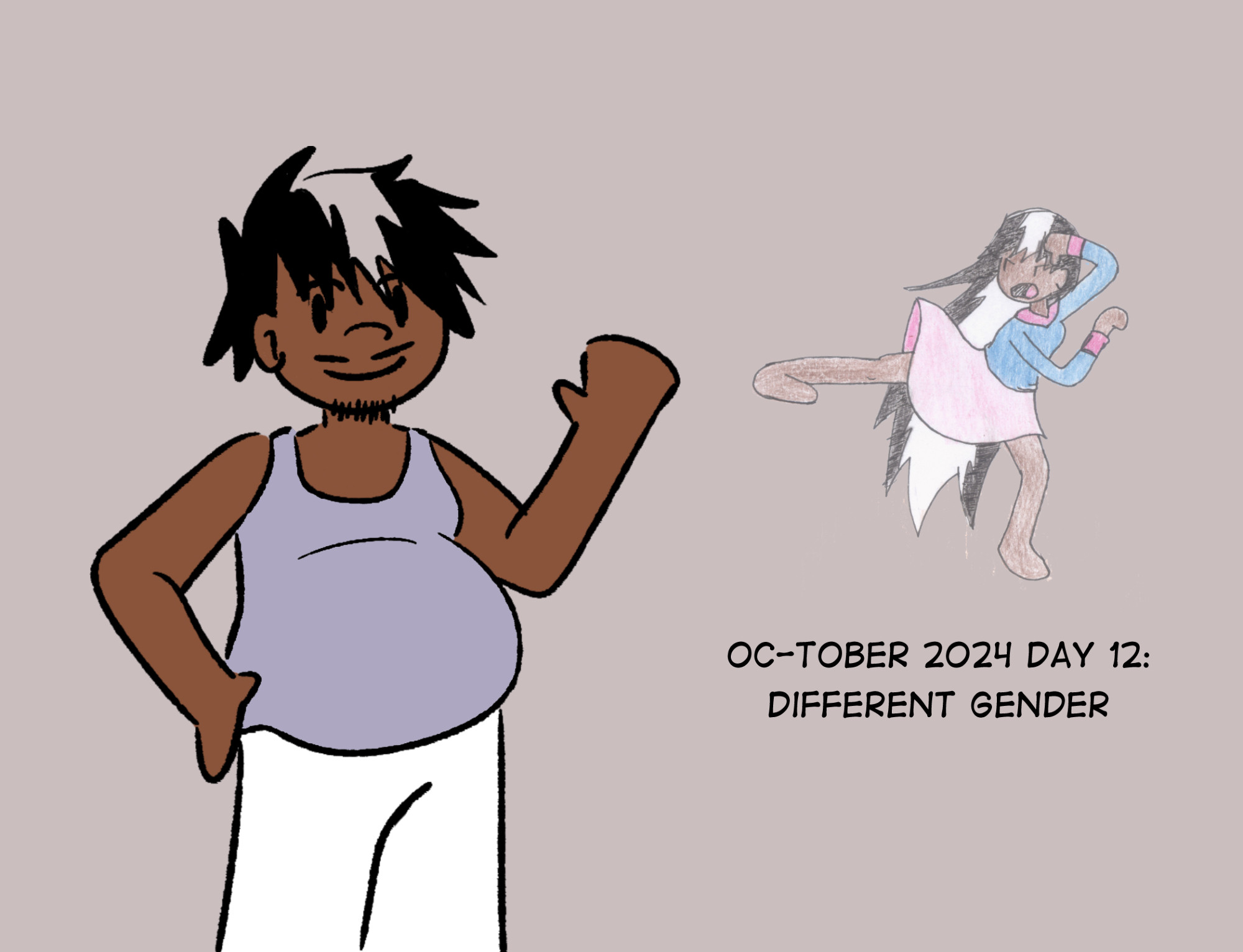 Day 12: Different gender

Senma is a dark skinned OC that has black hair with a white stripe in the middle like a skunk. The gender swapped version has shorter hair and a bit of a gut because she's been redesigned to be a bit chubbier than when I made her.