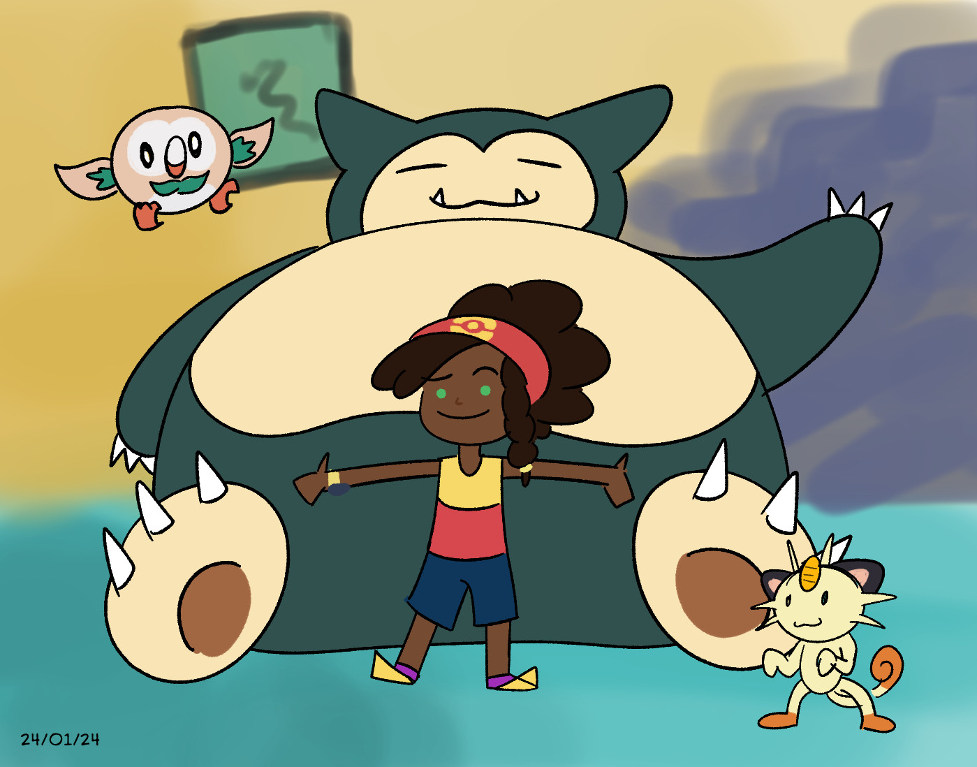 A short dark skinned human standing with arms extended in front of a waving Snorlax, with a Meowth and Rowlett to either side