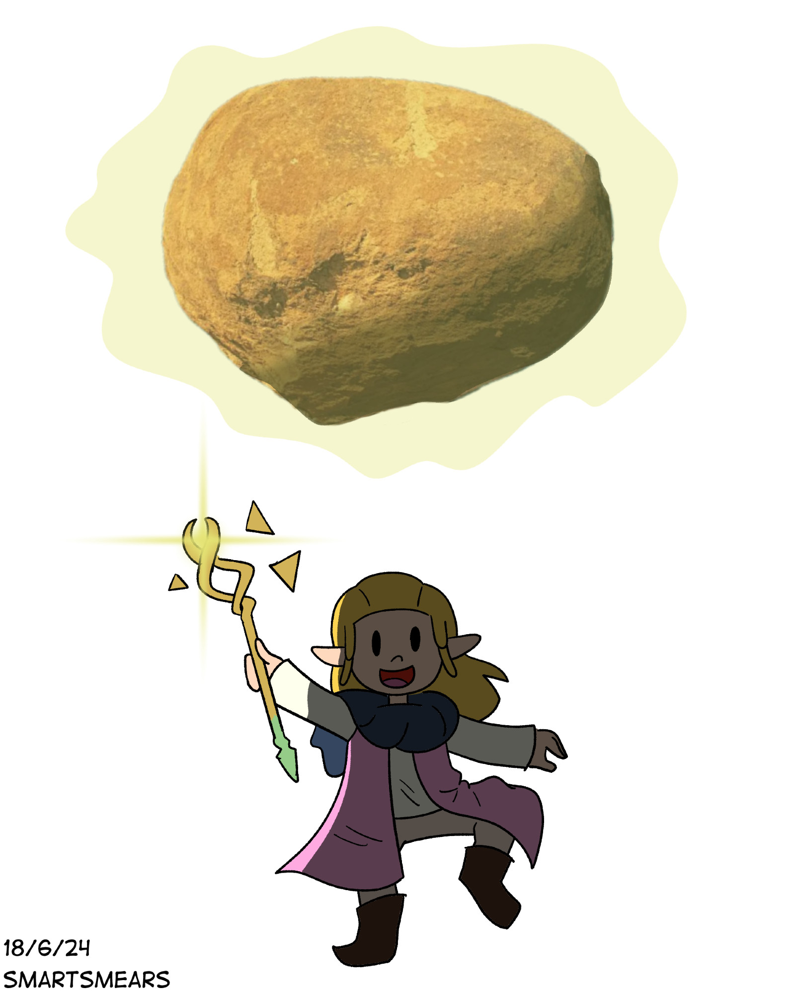 Zelda from The Legend of Zelda: Echoes of Wisdom using her staff to hold up a giant rock.