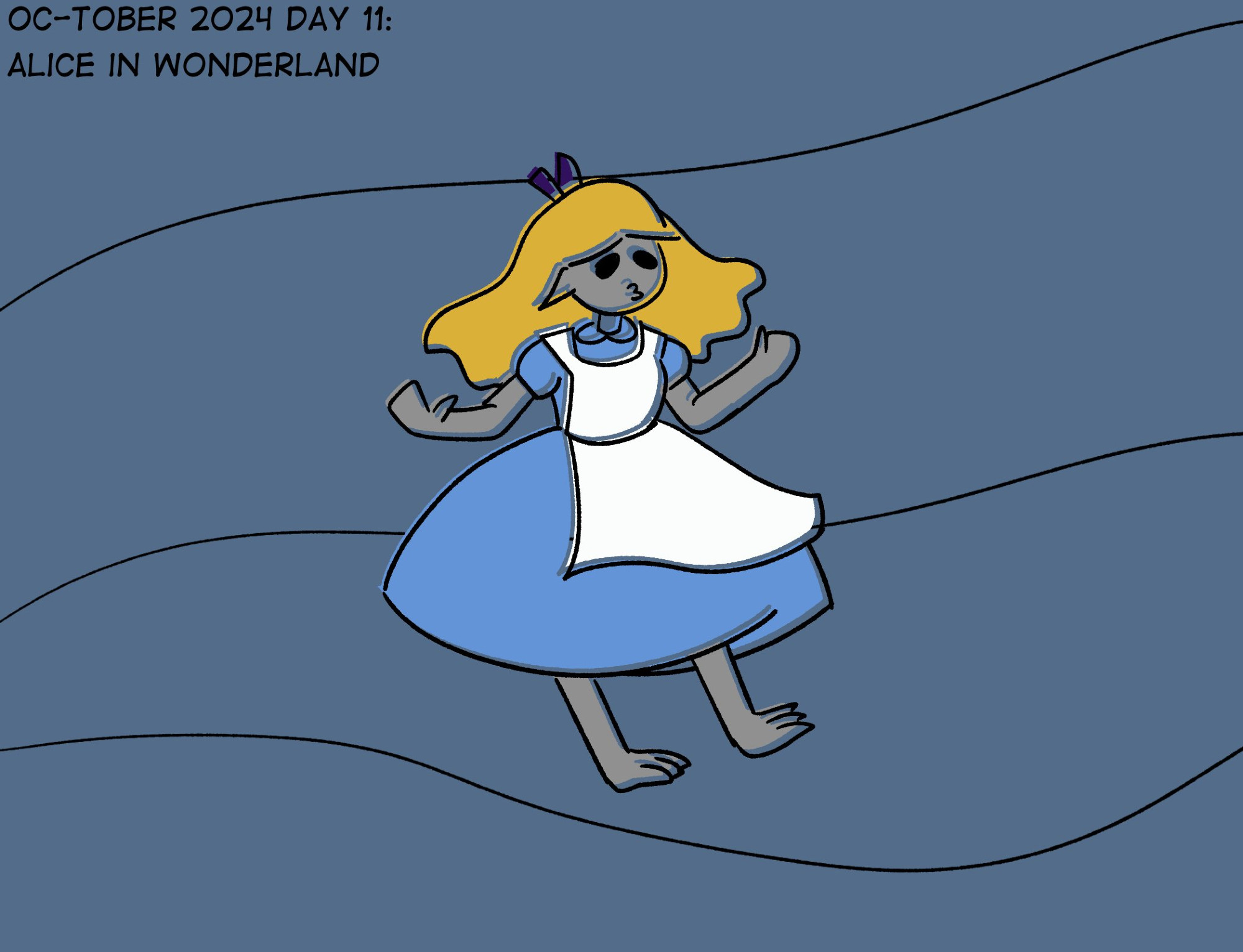 Day 11: Alice in Wonderland

A grey alien wearing Alice's outfit and with her hair.