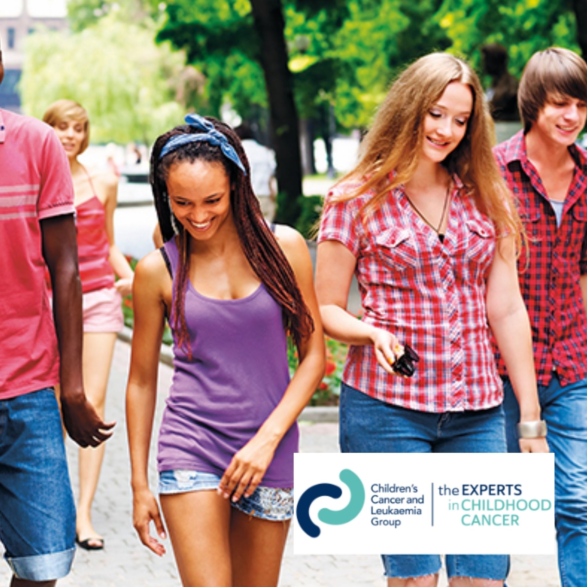 People walking towards camera. Children's Cancer and Leukaemia Group charity logo in the bottom right corner.