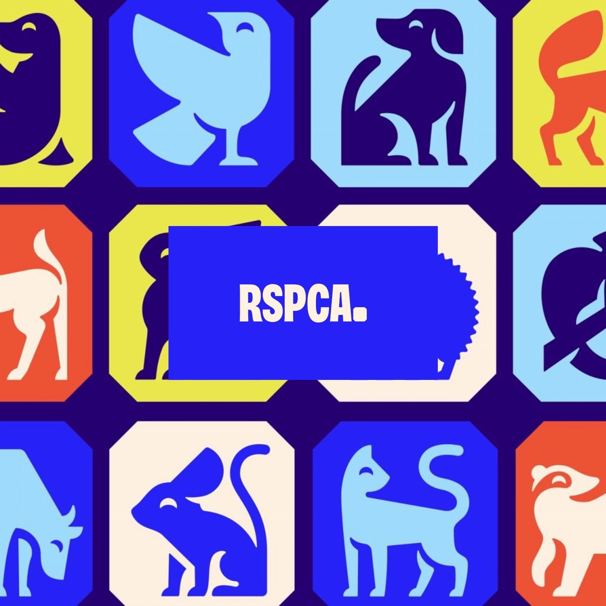 RSPCA logo on a background of colourful RSPCA animal icons.