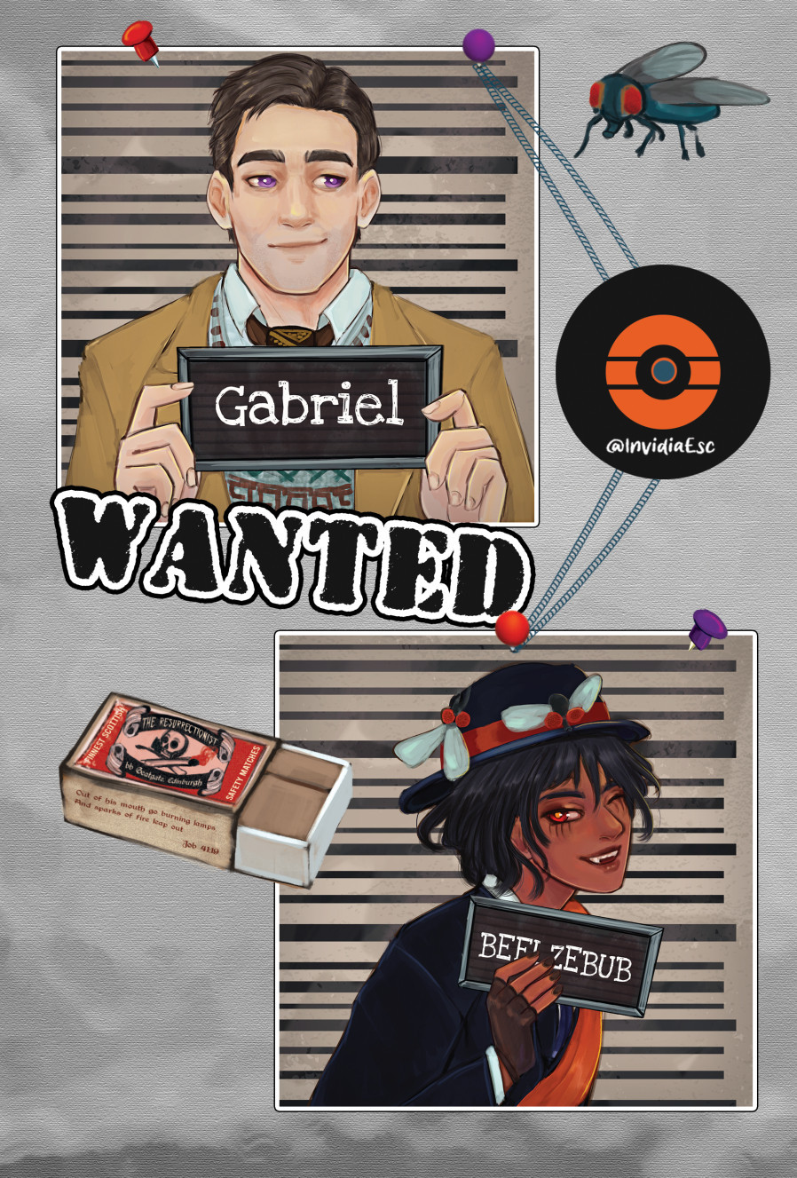 Gabriel and Beelzebub from Good Omens, Fanart to the zine Red tape vol 2. They are both holding the sign with their names as photos in a wall of wanted, with a fly a matchbox and a vynil. 